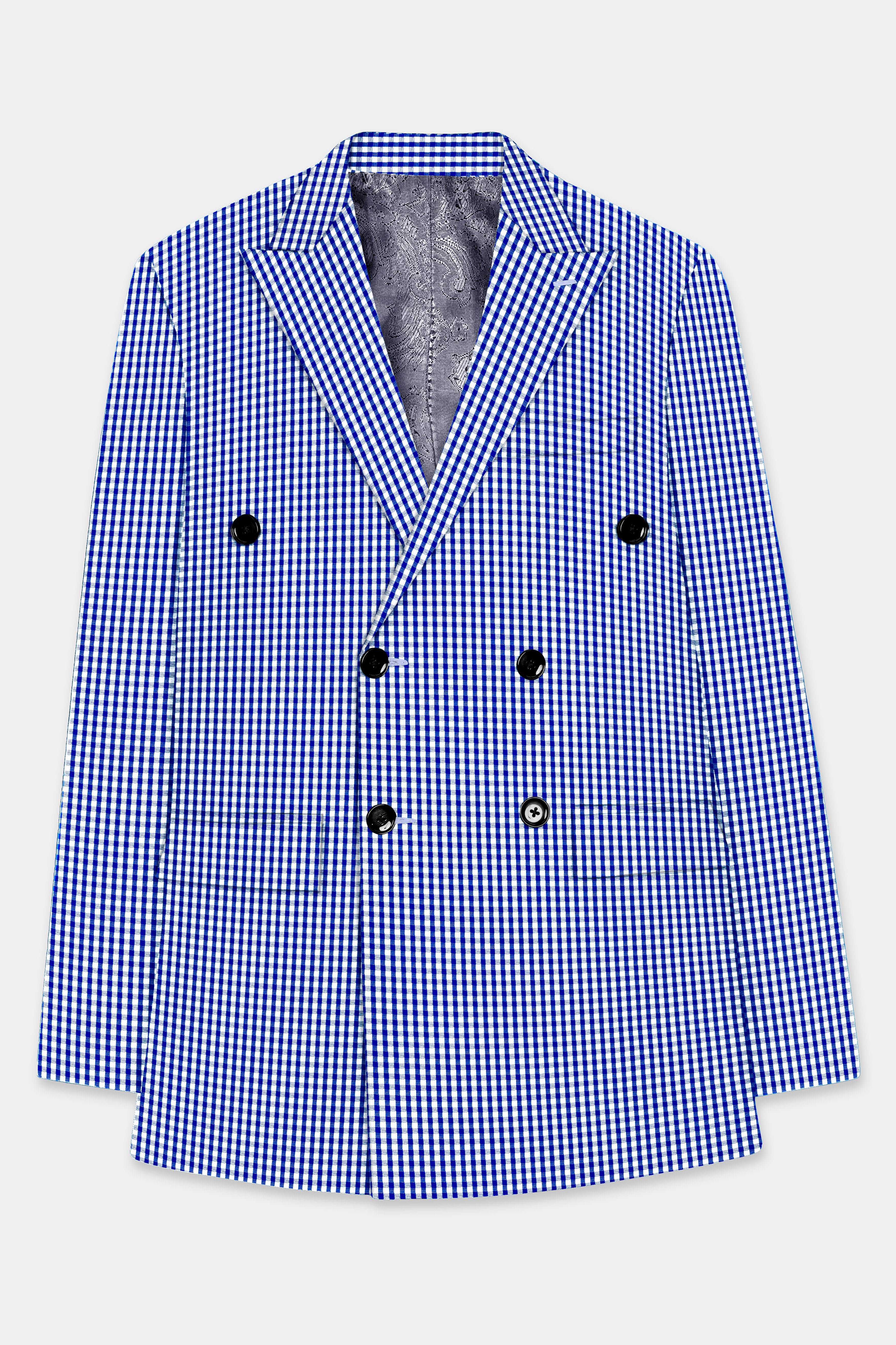 Nautilus-Torea Bay Blue And Bright White Gingham Plaid Cotton Double Breasted Suit