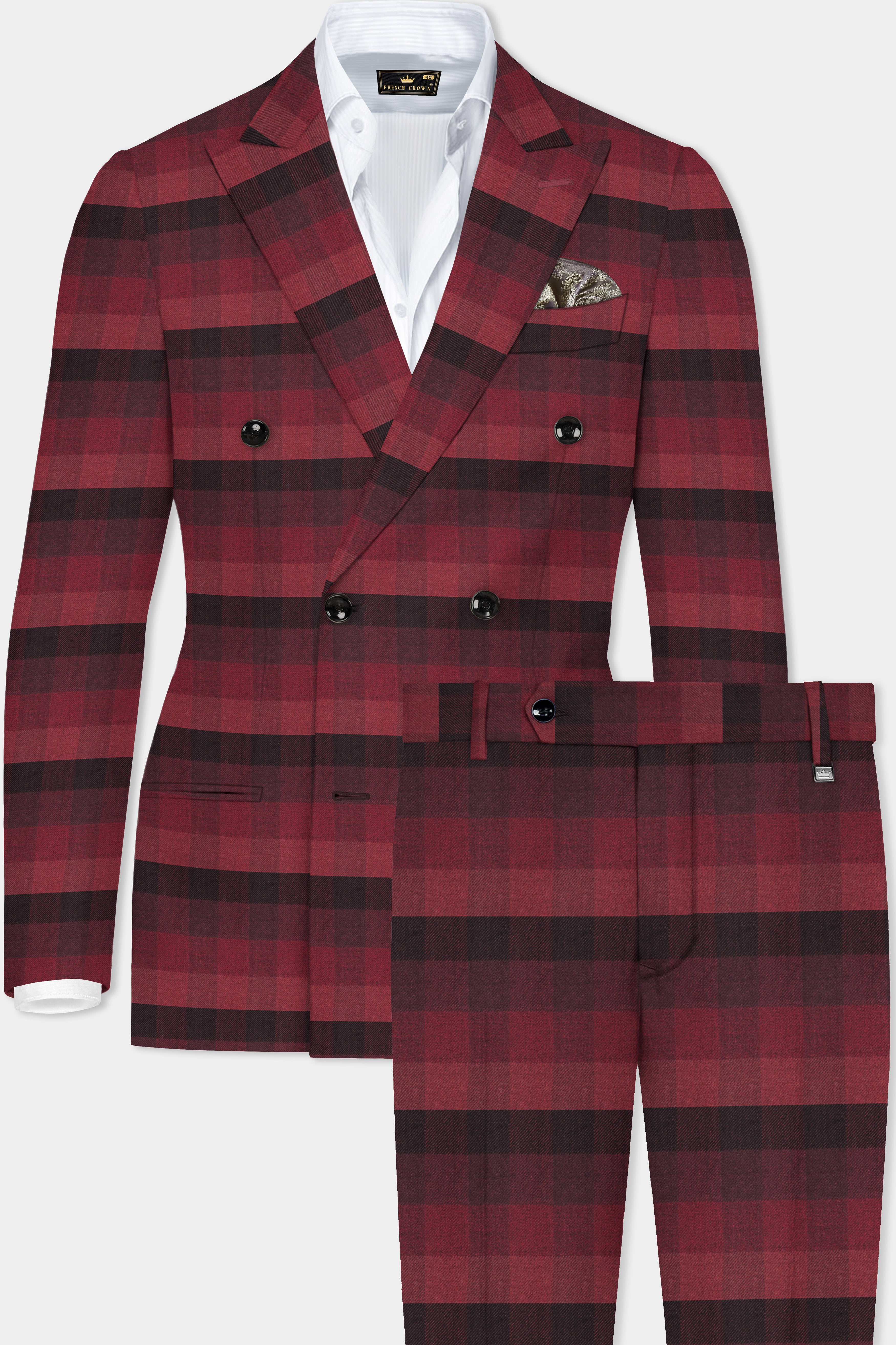 Obsidian-Wine Berry Red And Thunder Black Plaid Tweed Double Breasted Suit