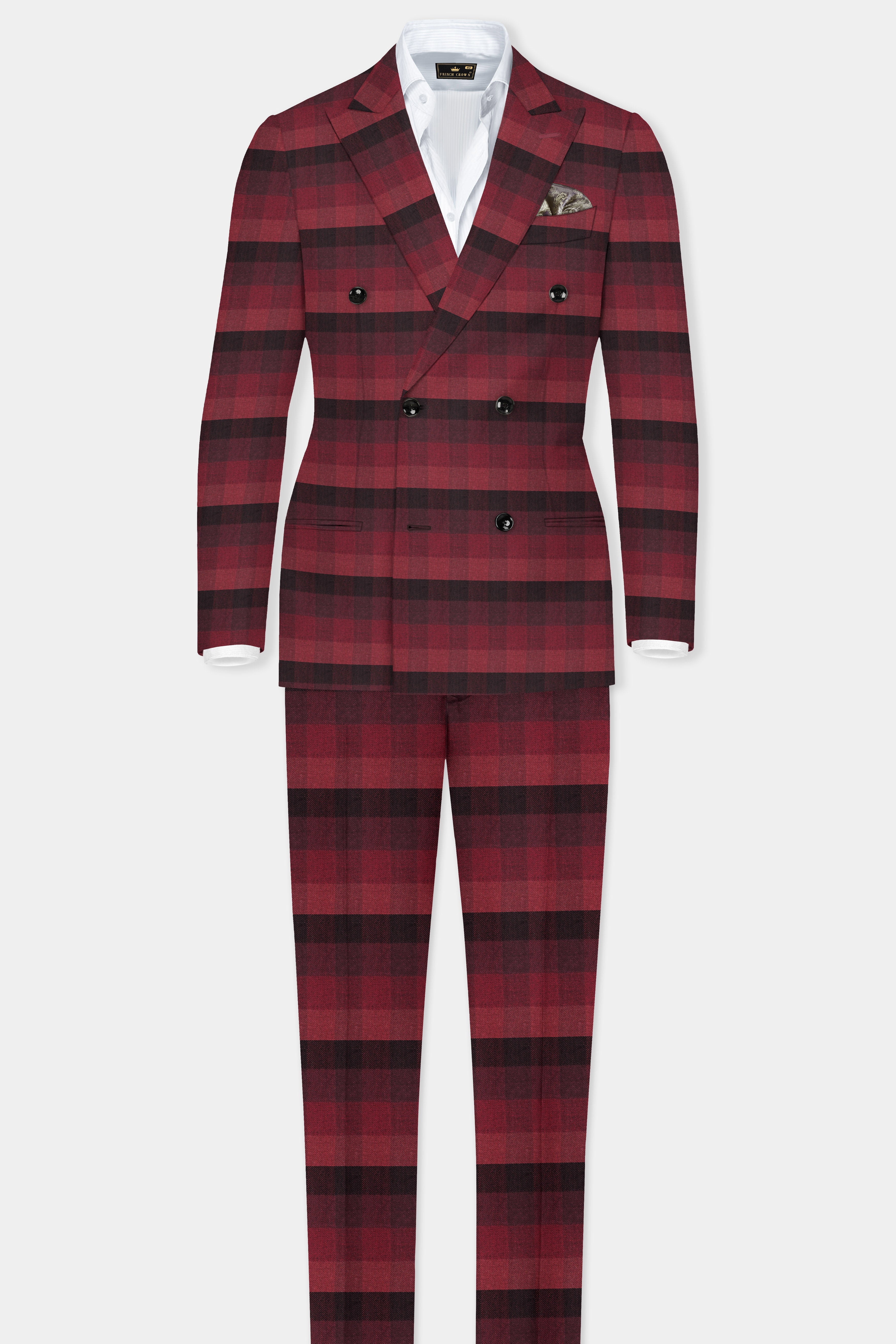 Obsidian-Wine Berry Red And Thunder Black Plaid Tweed Double Breasted Suit