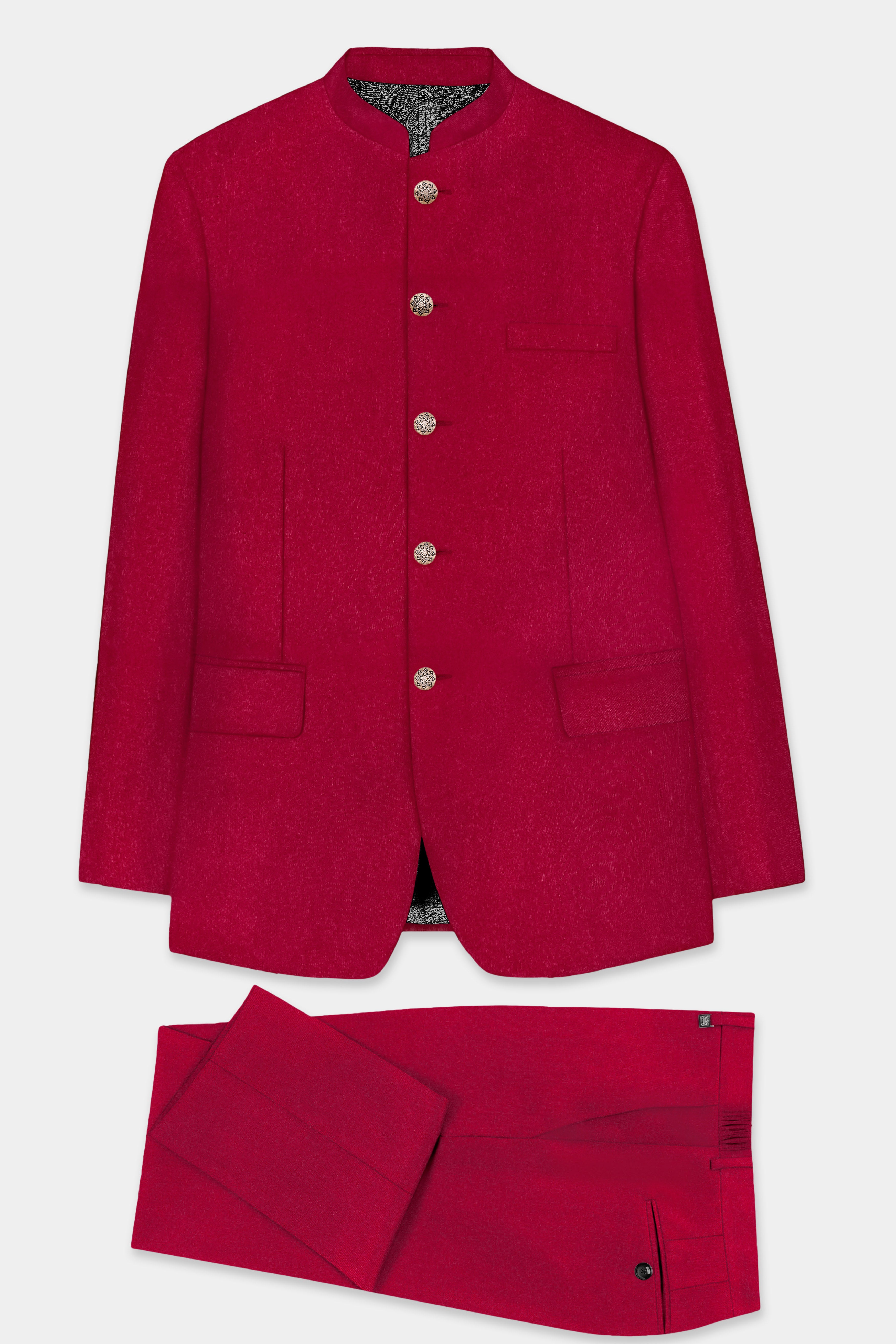 Vermilion-Chili Red Solid Wool Rich Bandhgala Suit