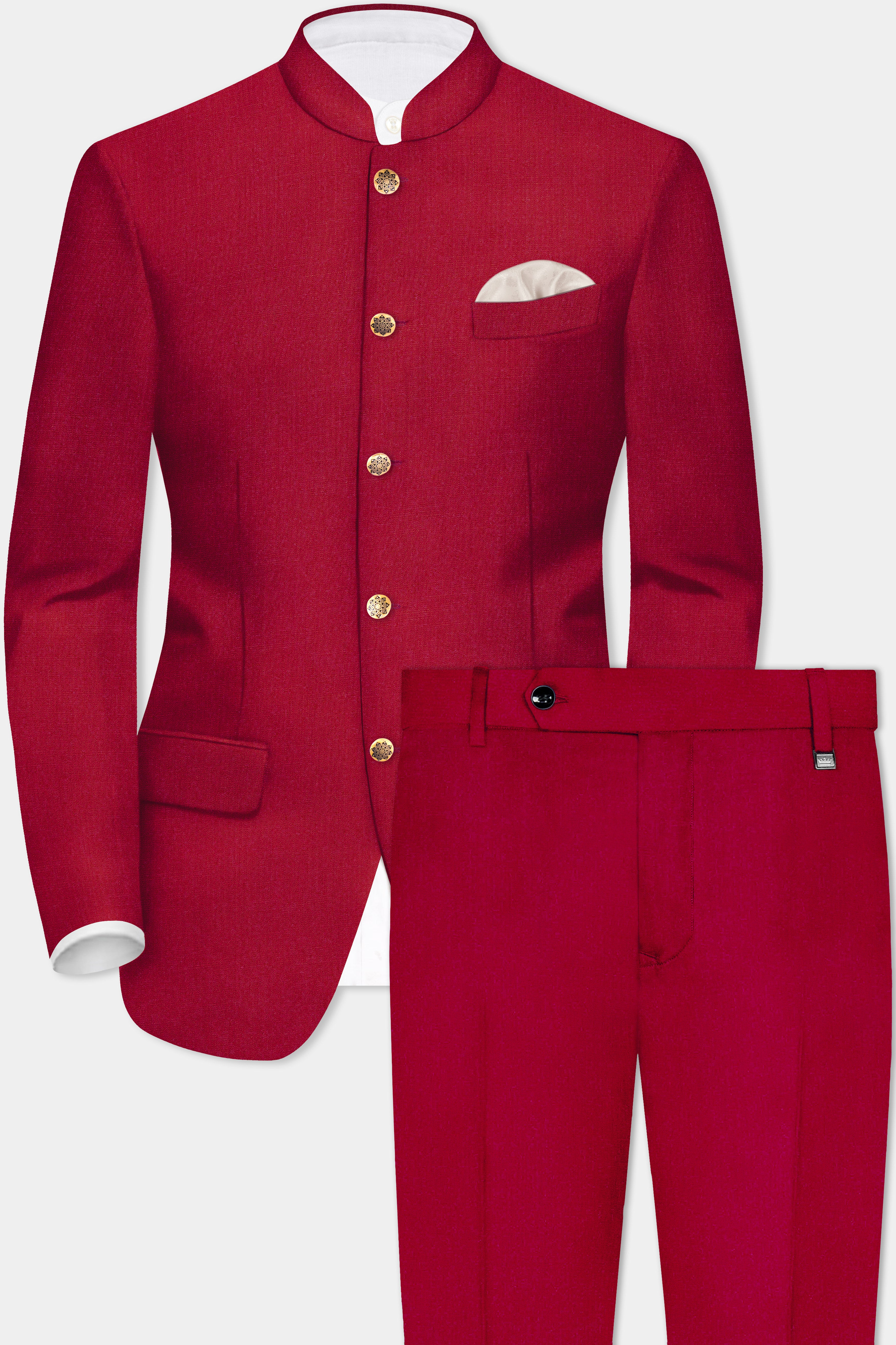 Vermilion-Chili Red Solid Wool Rich Bandhgala Suit