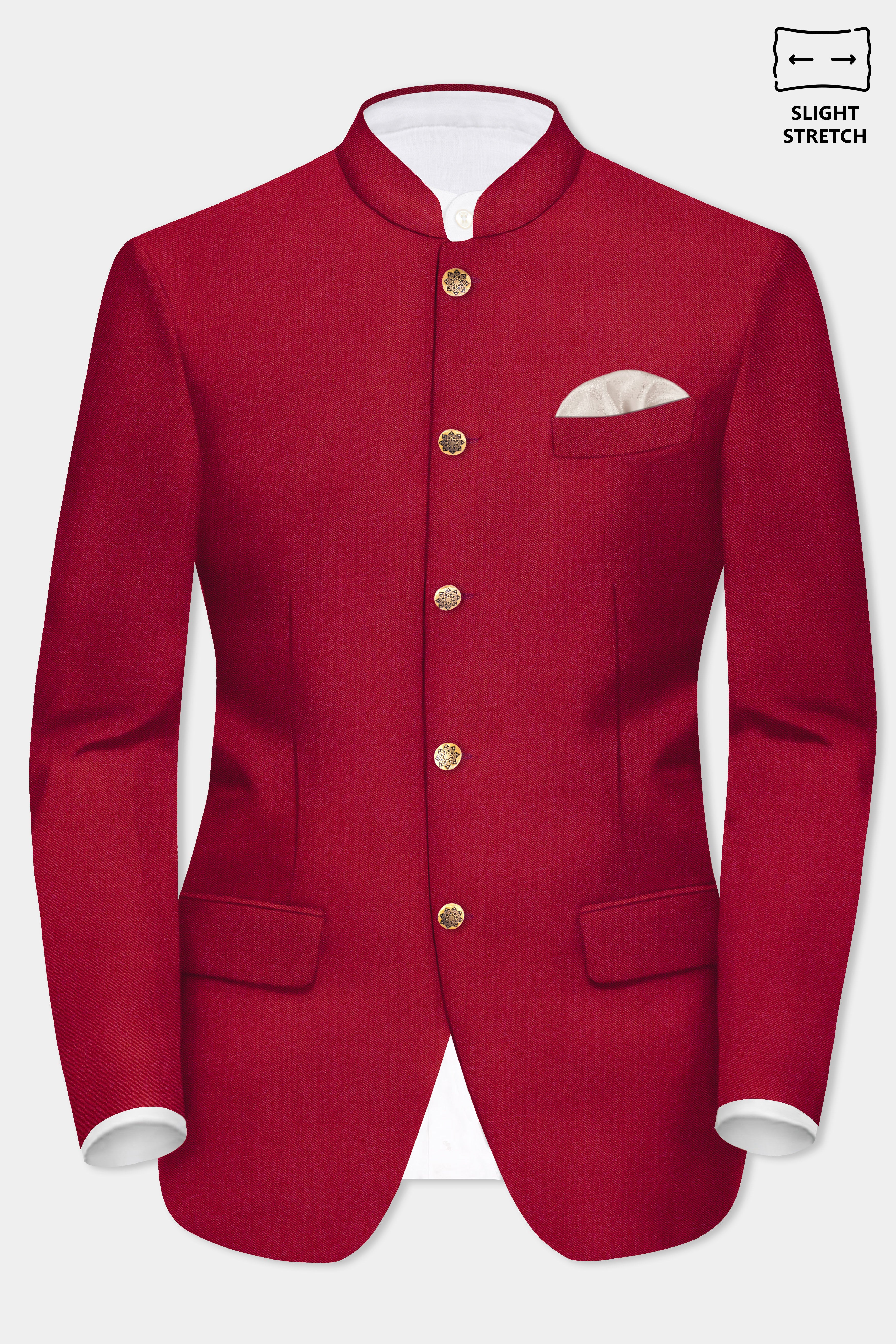 Vermilion-Chili Red Solid Wool Rich Bandhgala Slight Stretch Suit