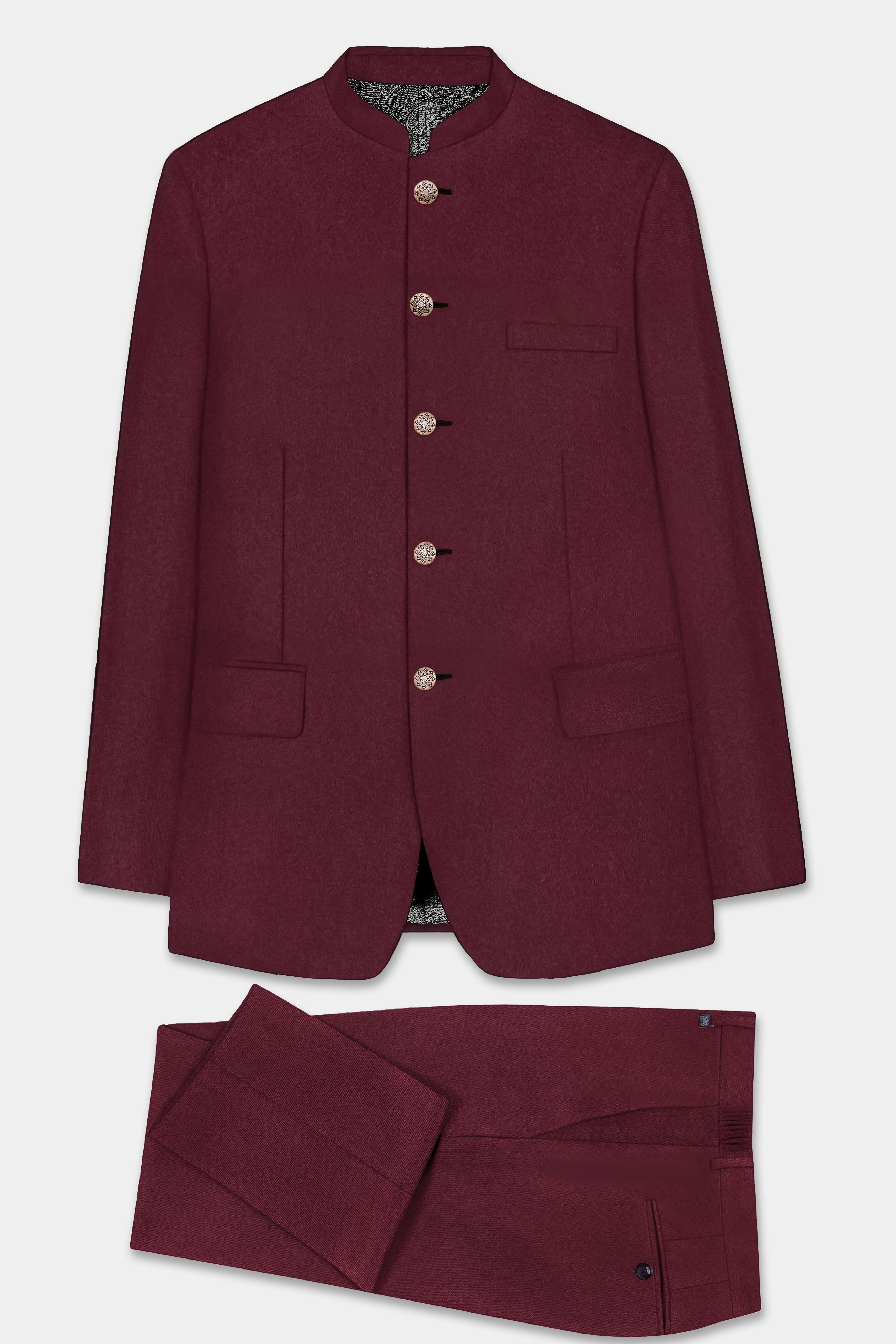 Merlot-Wine Berry Solid Wool Rich Bandhgala Slight Stretch Suit