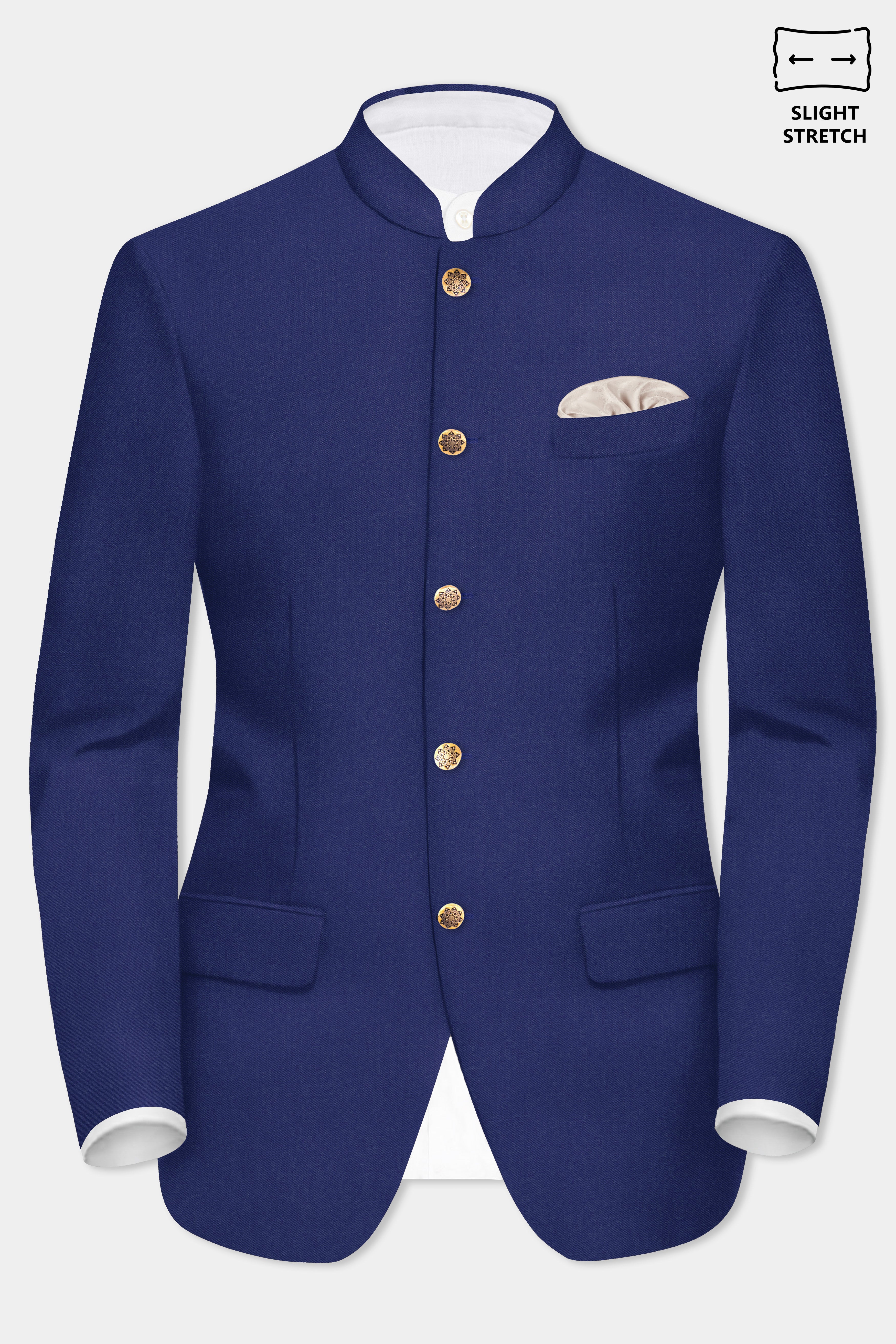 Celestia- Blue Solid Wool Rich Bandhgala Slight Stretch Suit