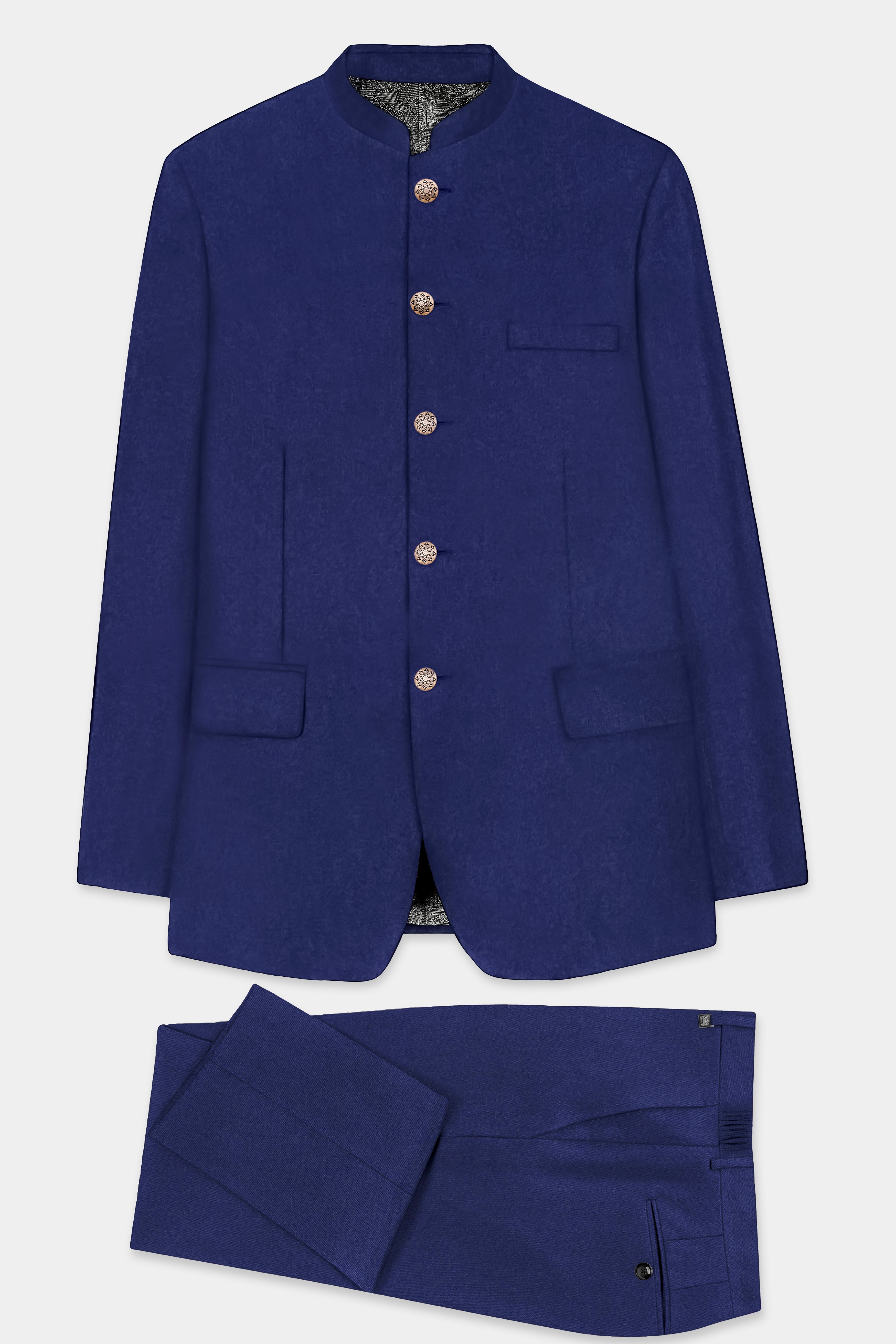 Celestia- Blue Solid Wool Rich Bandhgala Slight Stretch Suit