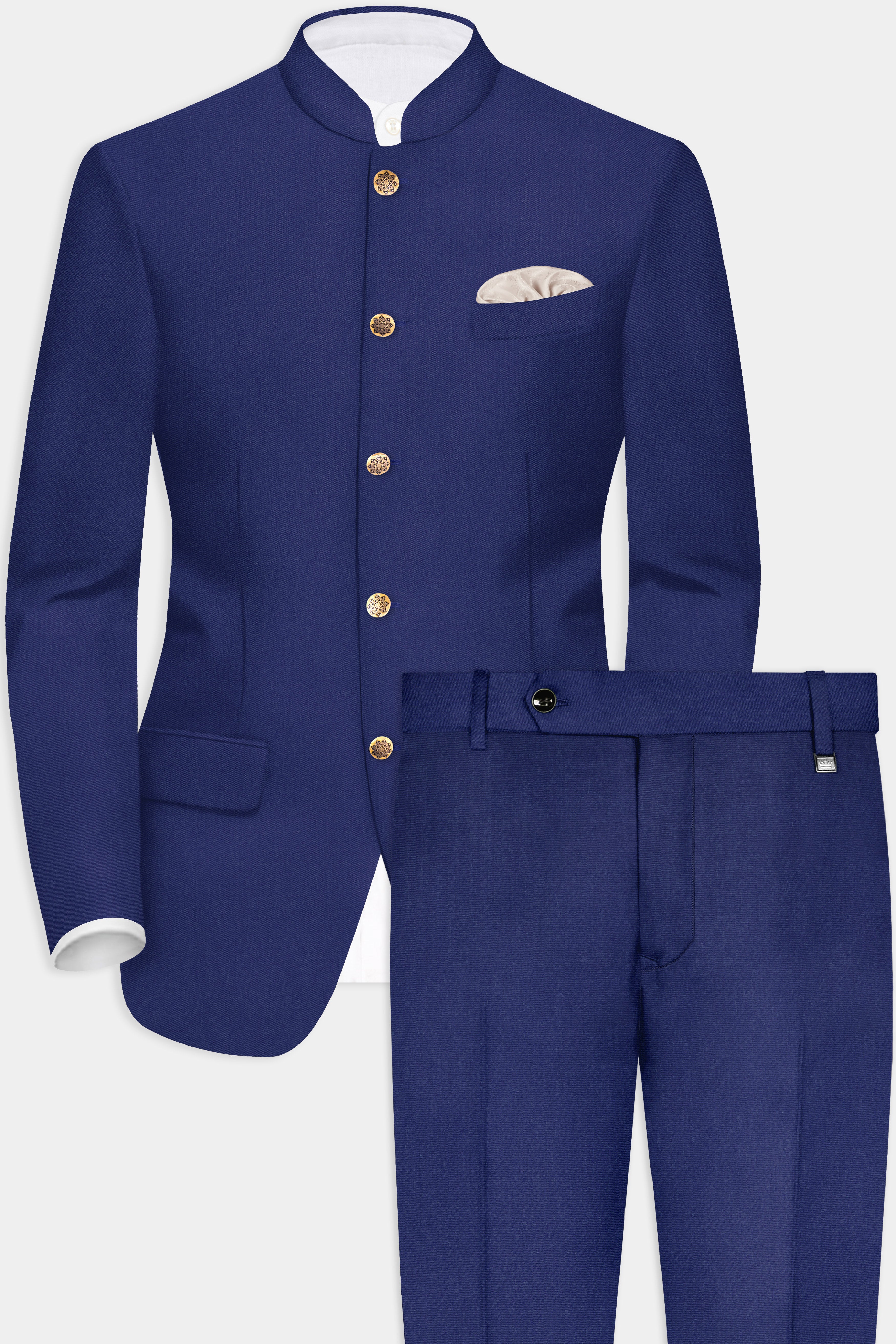 Celestia-Zodiac Blue Solid Wool Rich Bandhgala Suit