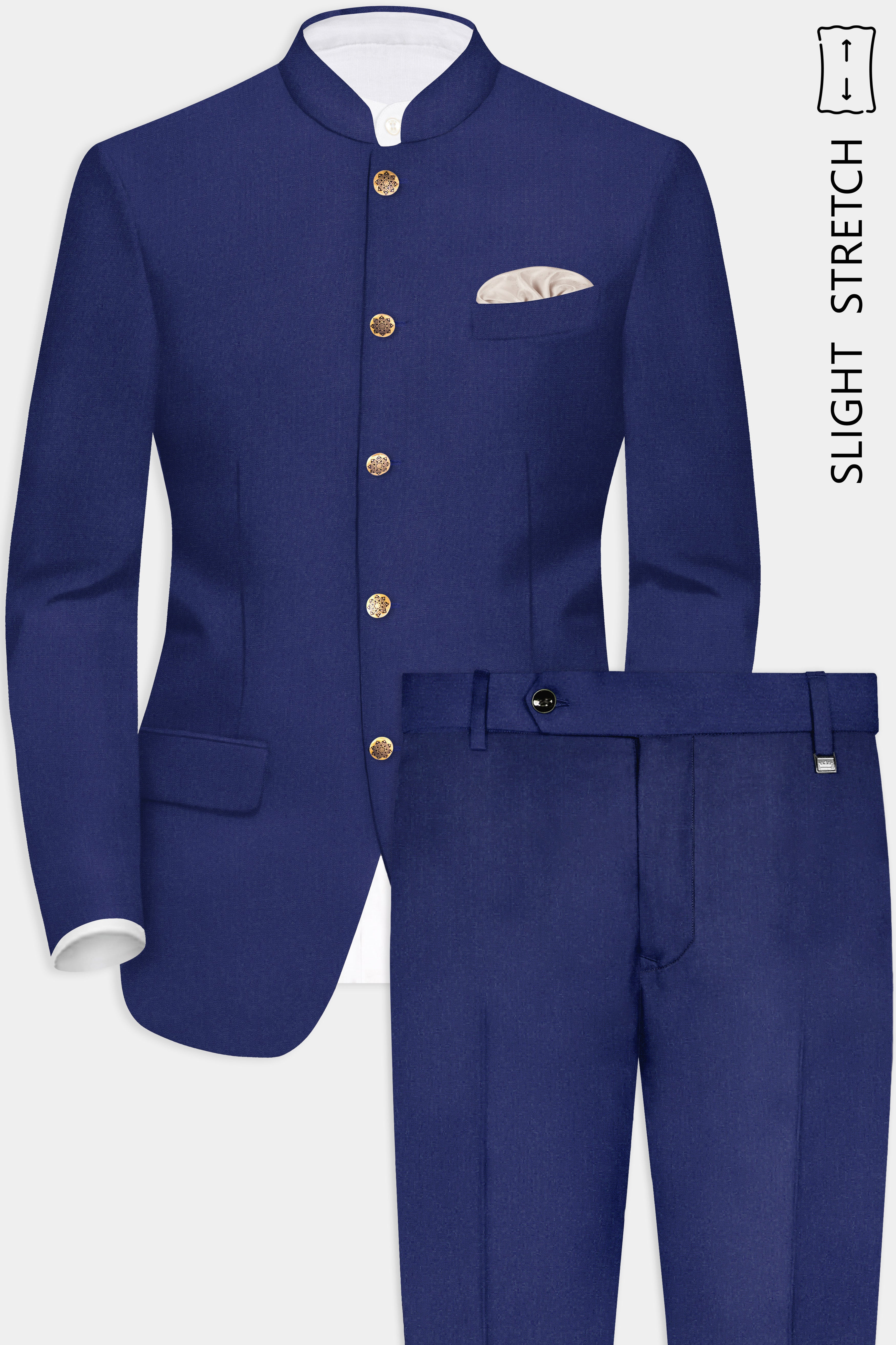 Celestia- Blue Solid Wool Rich Bandhgala Slight Stretch Suit