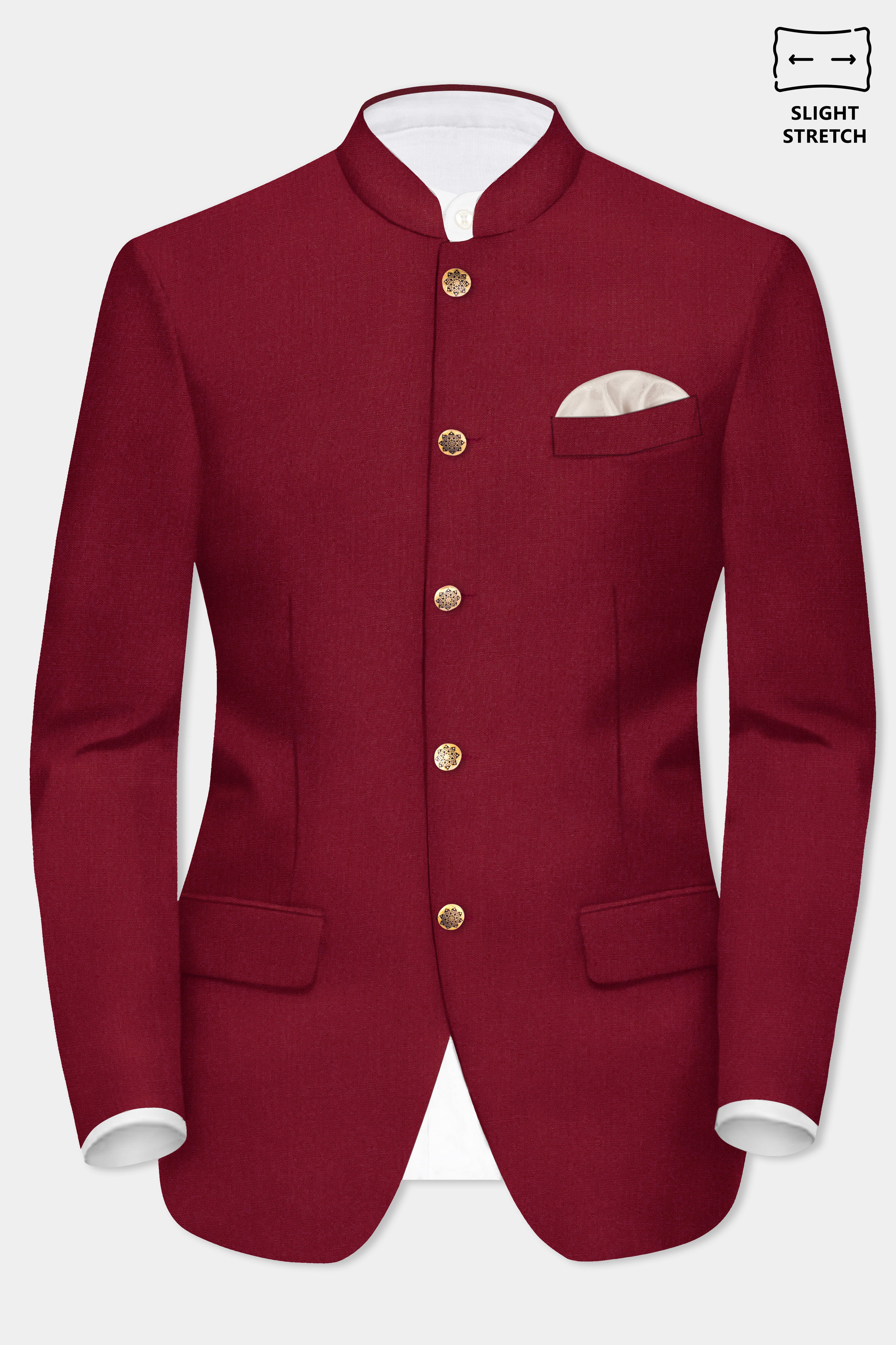 CrimsonAce-Cherry Red Solid Wool Rich Bandhgala Slight Stretch Suit
