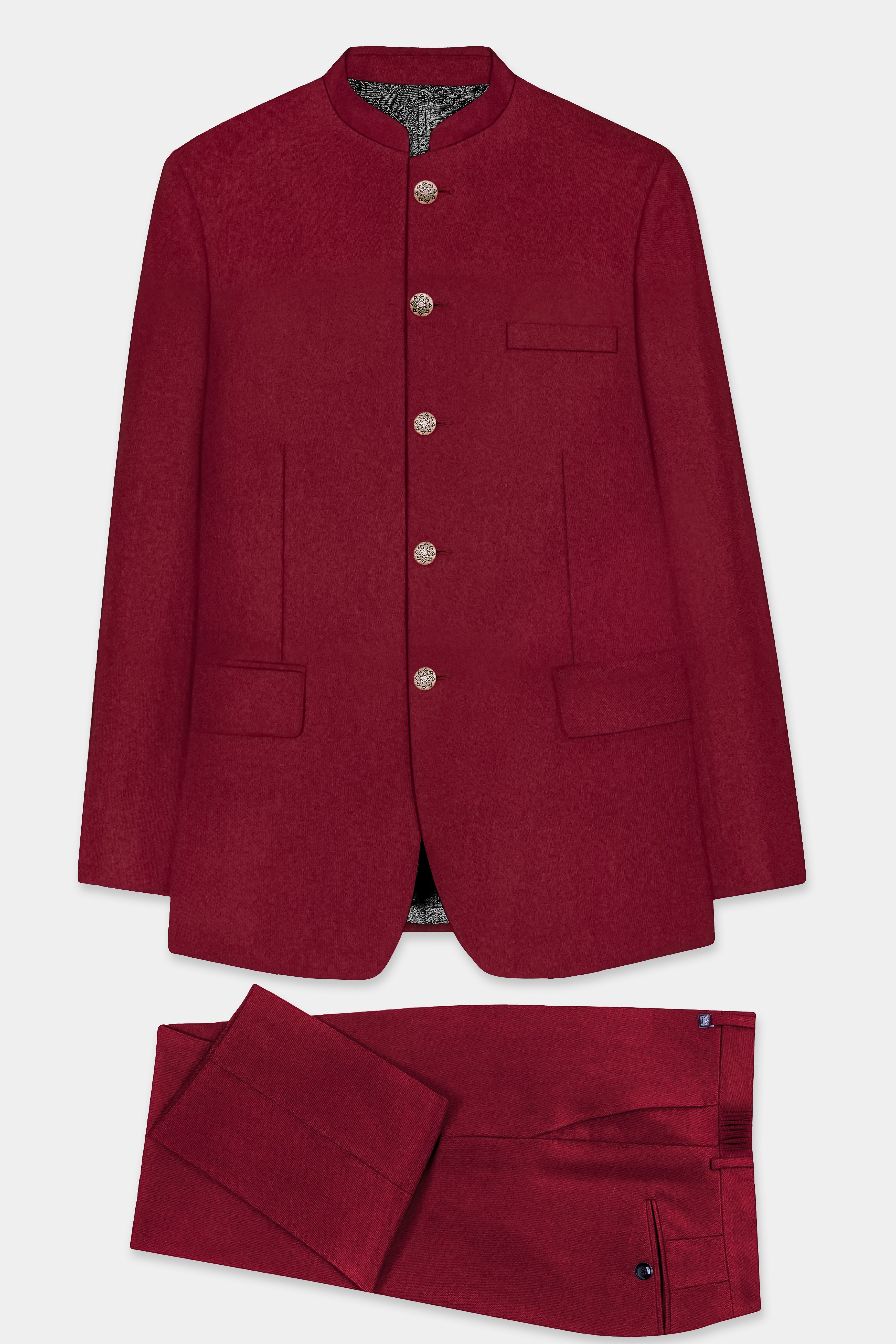 CrimsonAce-Cherry Red Solid Wool Rich Bandhgala Slight Stretch Suit