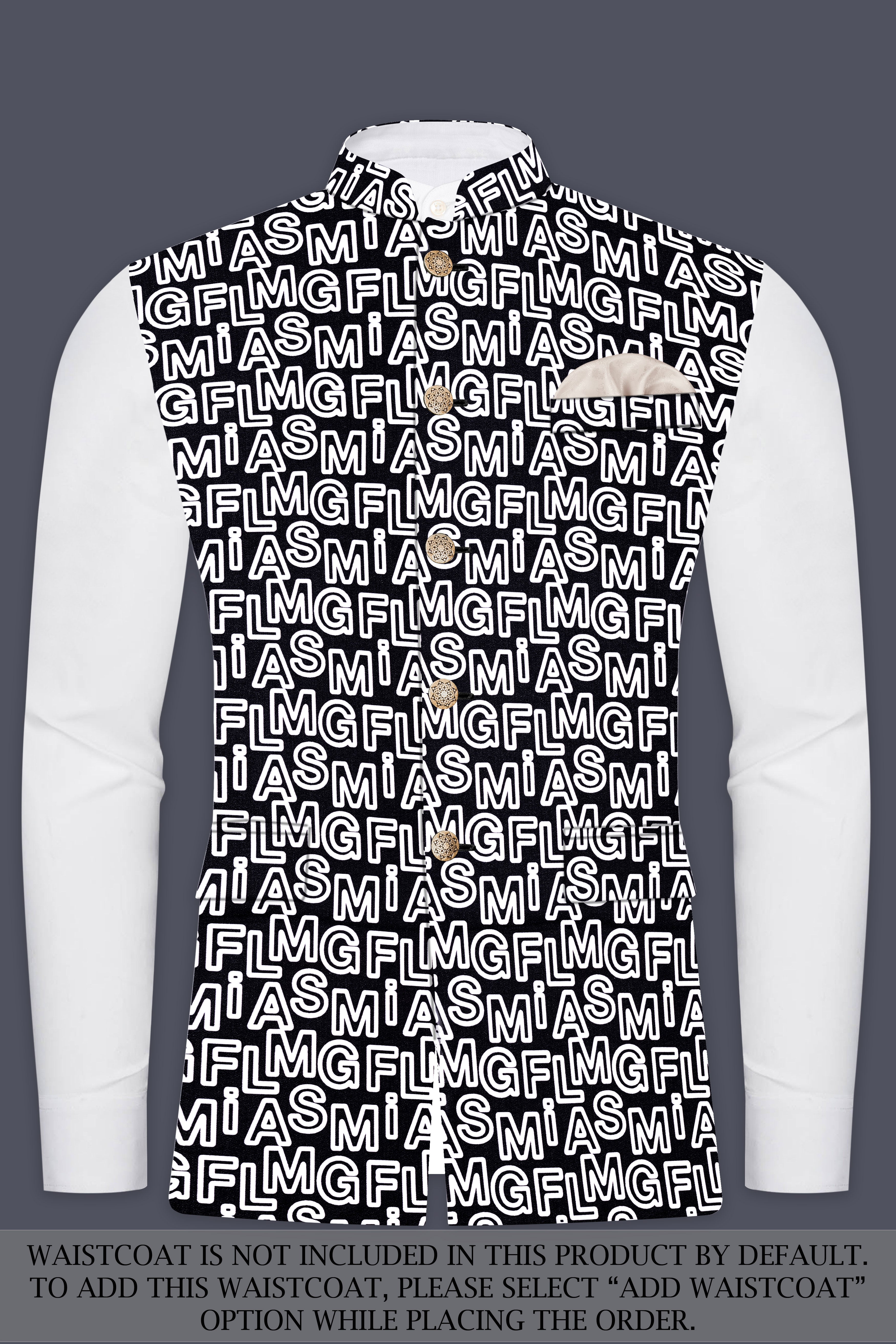 Jaguar Black And Bright White Alphabets Printed Premium Cotton Designer Bandhgala Suit