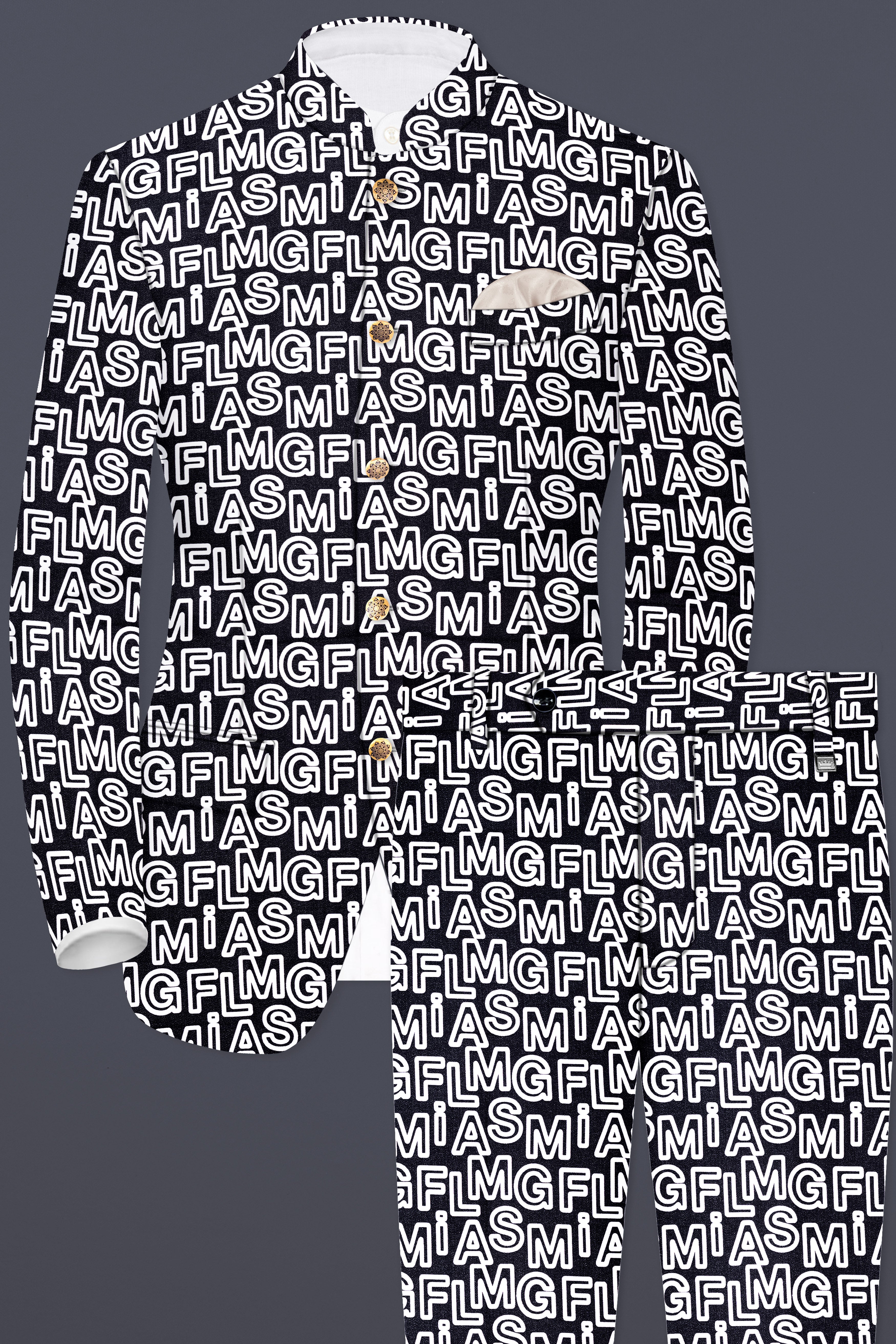 Jaguar Black And Bright White Alphabets Printed Premium Cotton Designer Bandhgala Suit