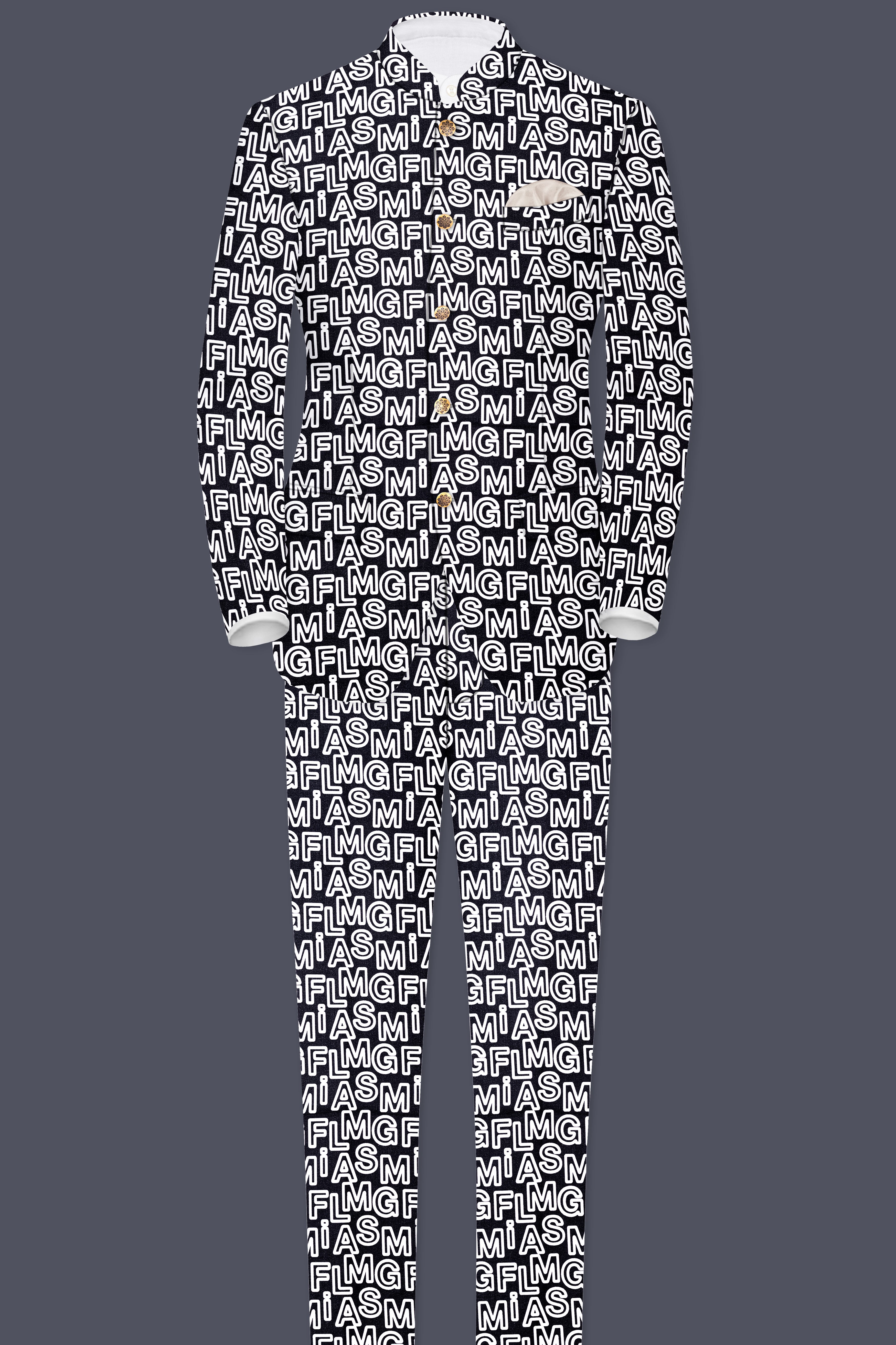 Jaguar Black And Bright White Alphabets Printed Premium Cotton Designer Bandhgala Suit