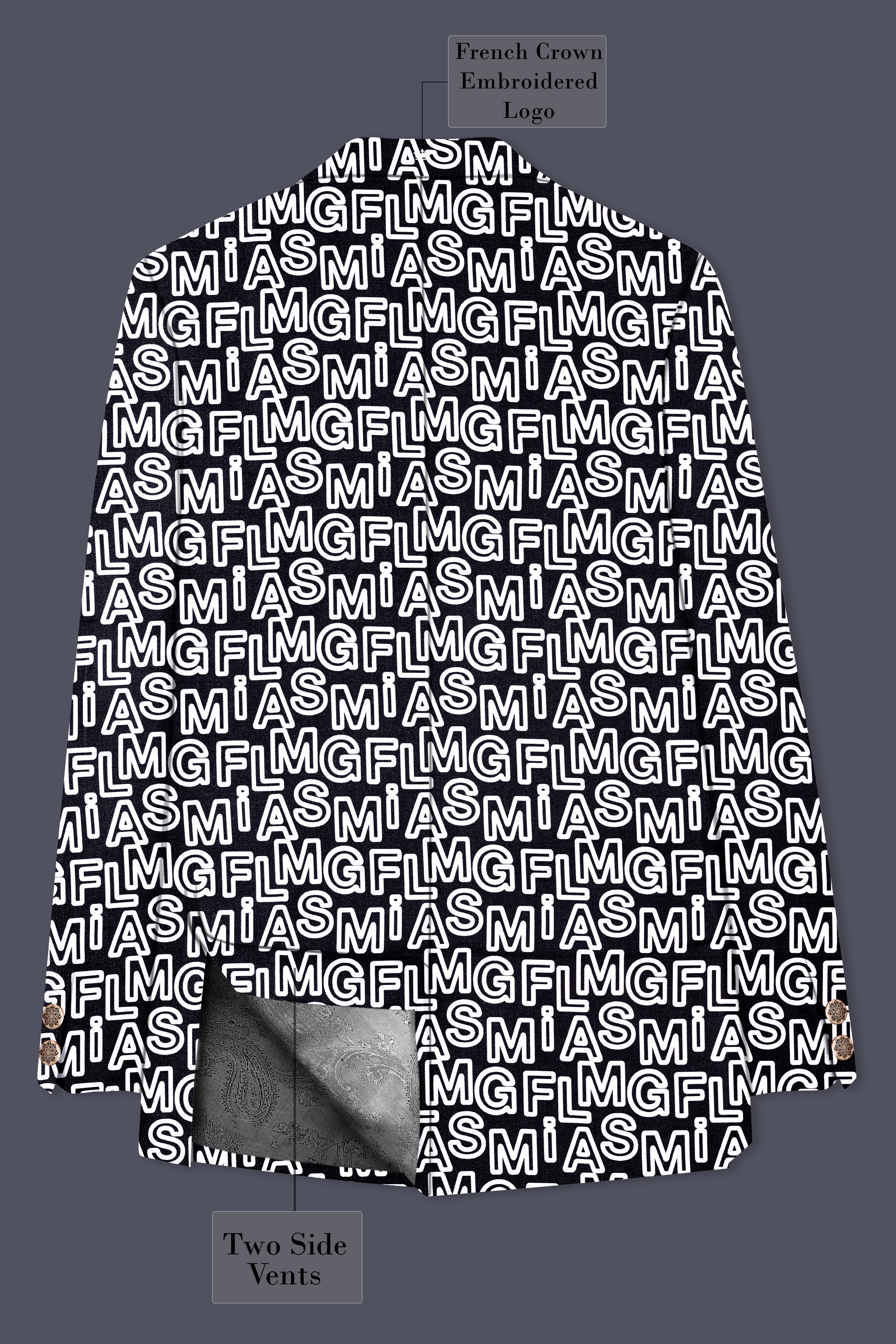 Jaguar Black And Bright White Alphabets Printed Premium Cotton Designer Bandhgala Suit