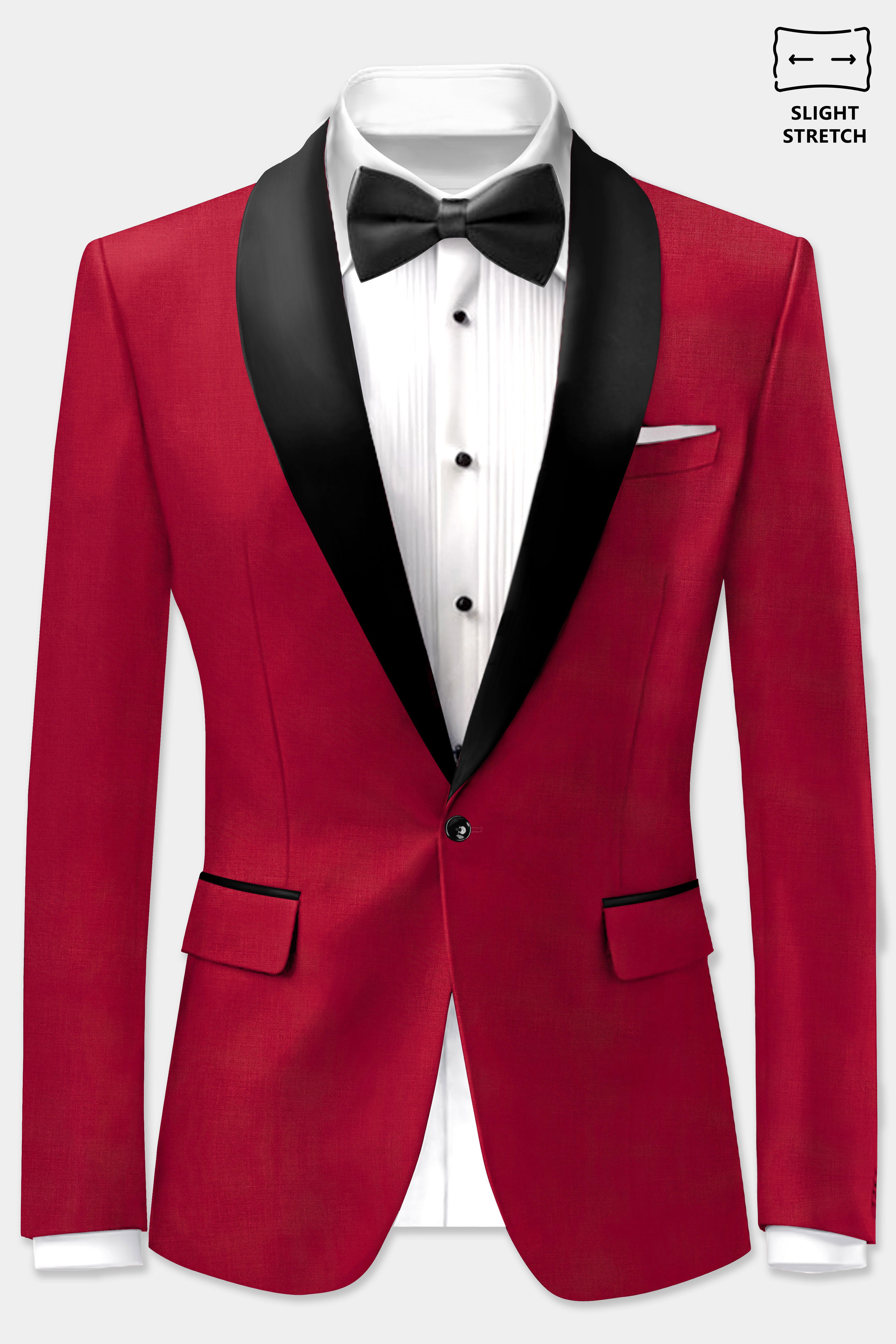 Vermilion-Chili Red Solid Wool Rich Tuxedo Slight Stretch Suit