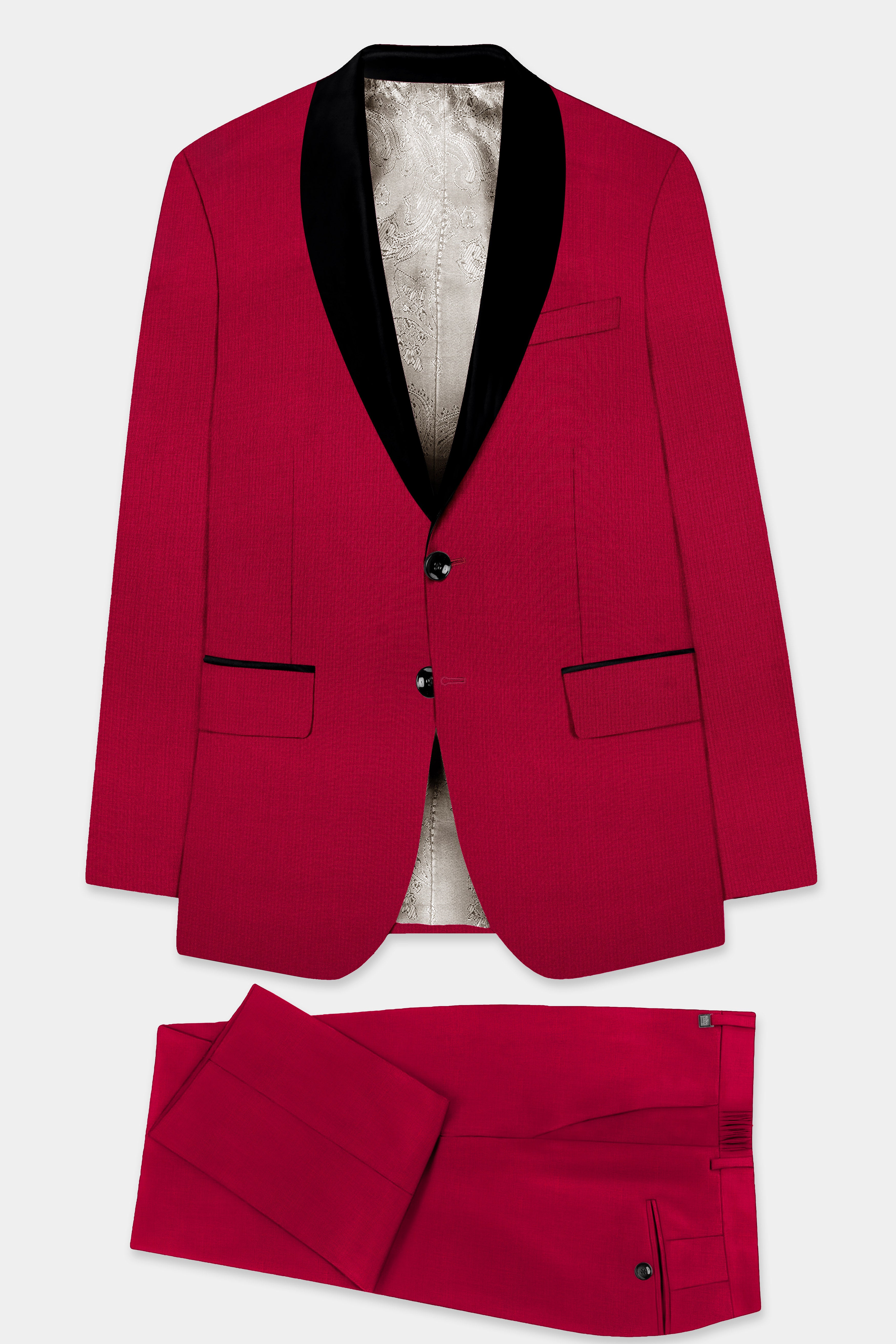 Vermilion-Chili Red Solid Wool Rich Tuxedo Slight Stretch Suit