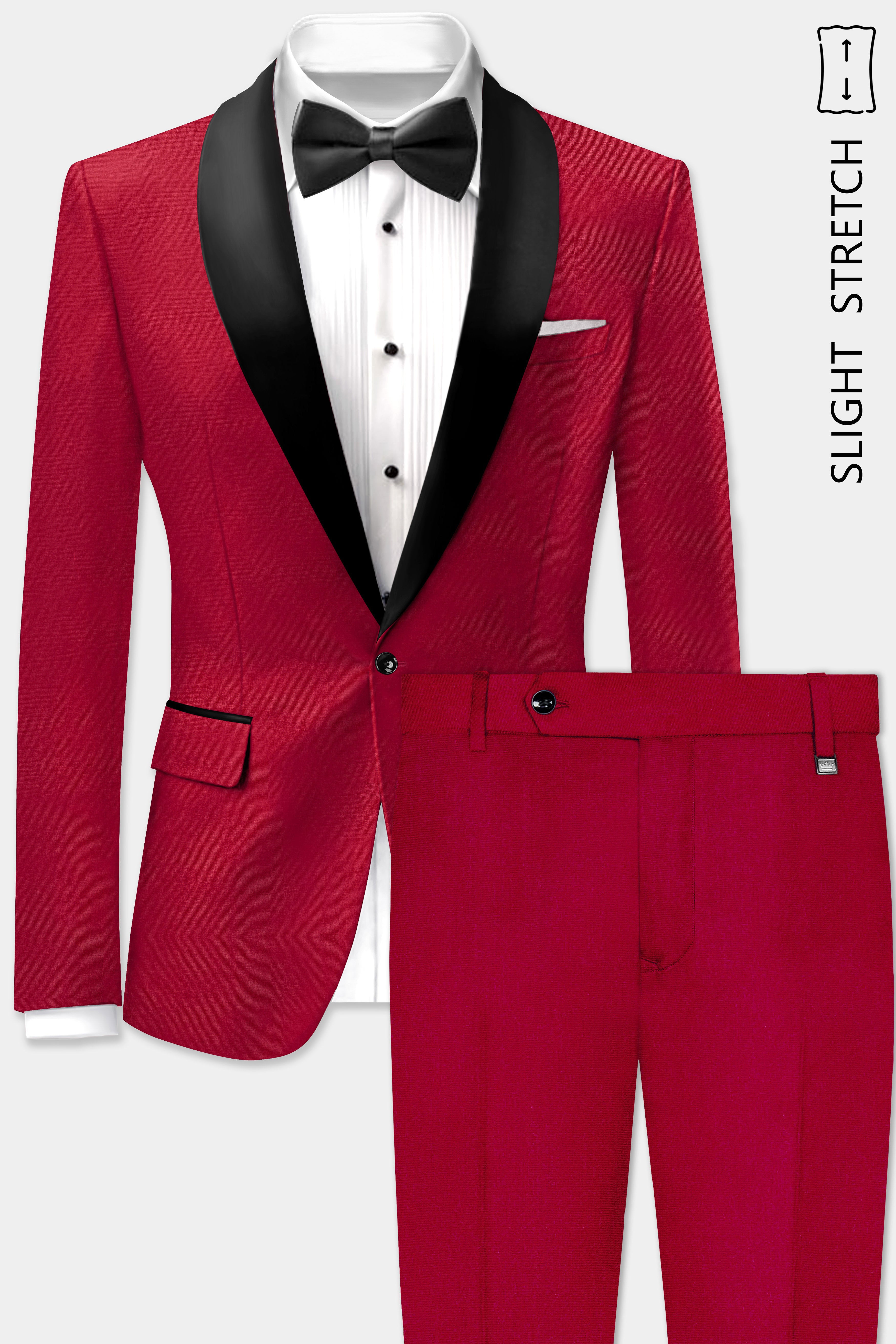 Vermilion-Chili Red Solid Wool Rich Tuxedo Slight Stretch Suit