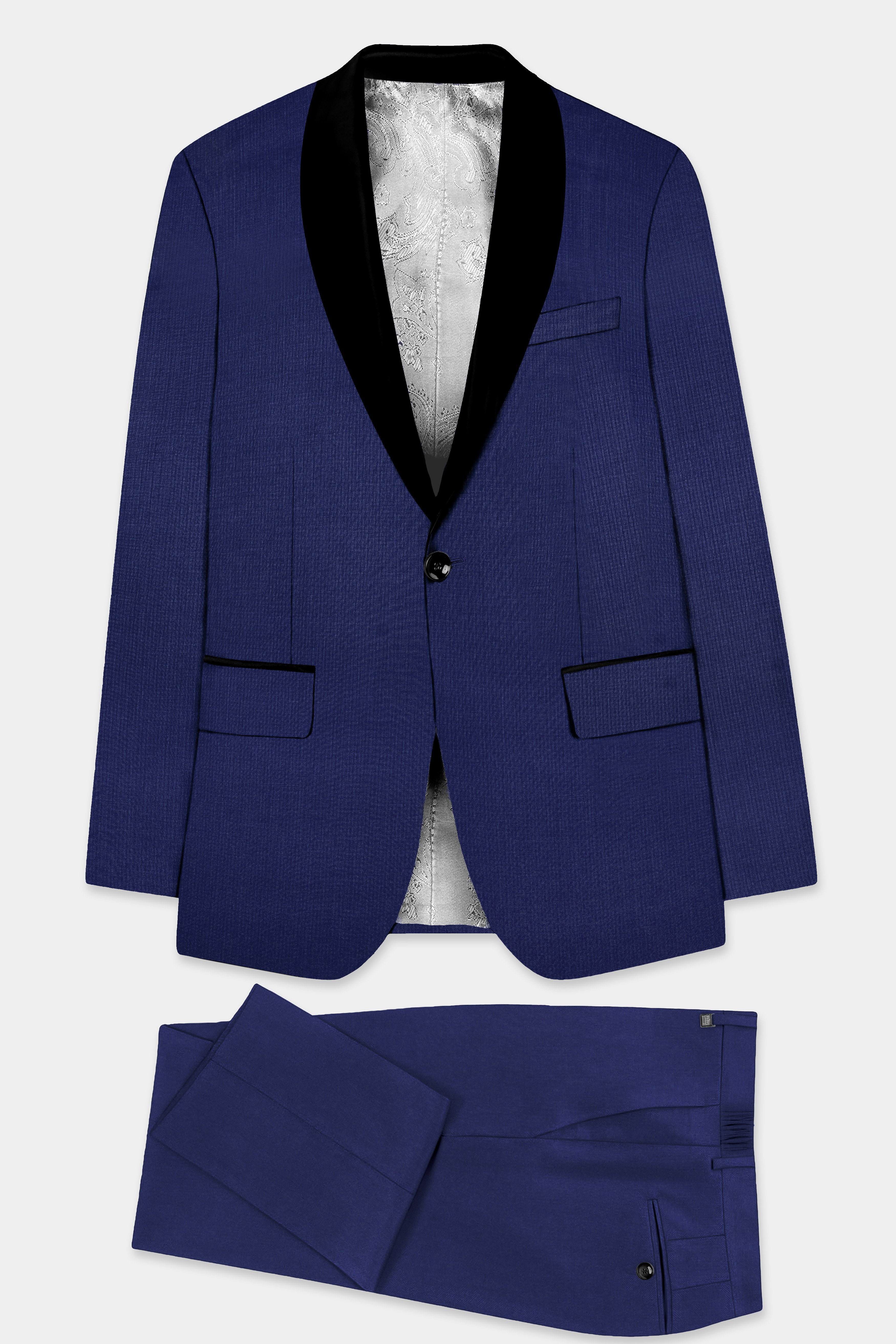 Celestia- Blue Solid Wool Rich Tuxedo Slight Stretch Suit