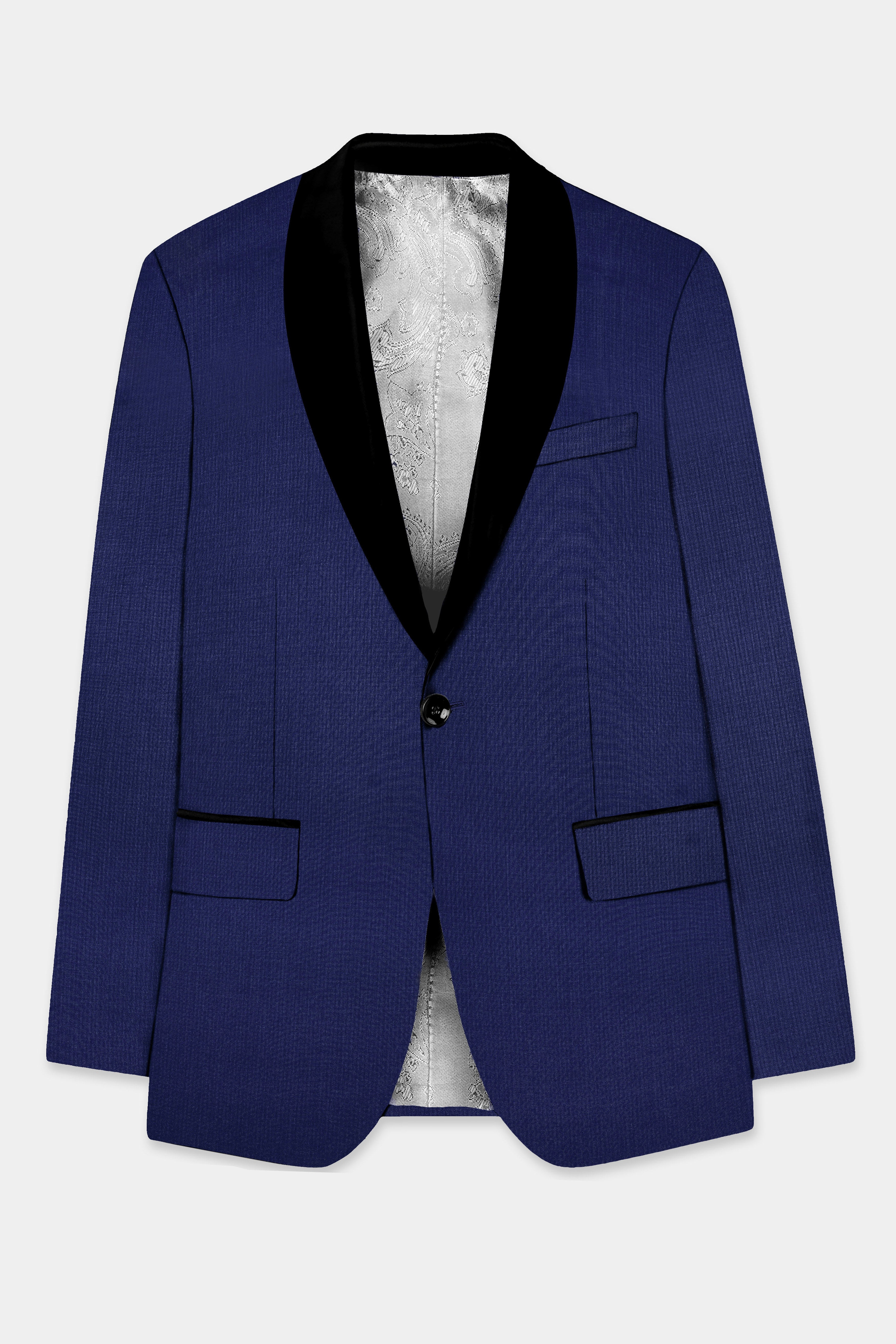 Celestia- Blue Solid Wool Rich Tuxedo Slight Stretch Suit
