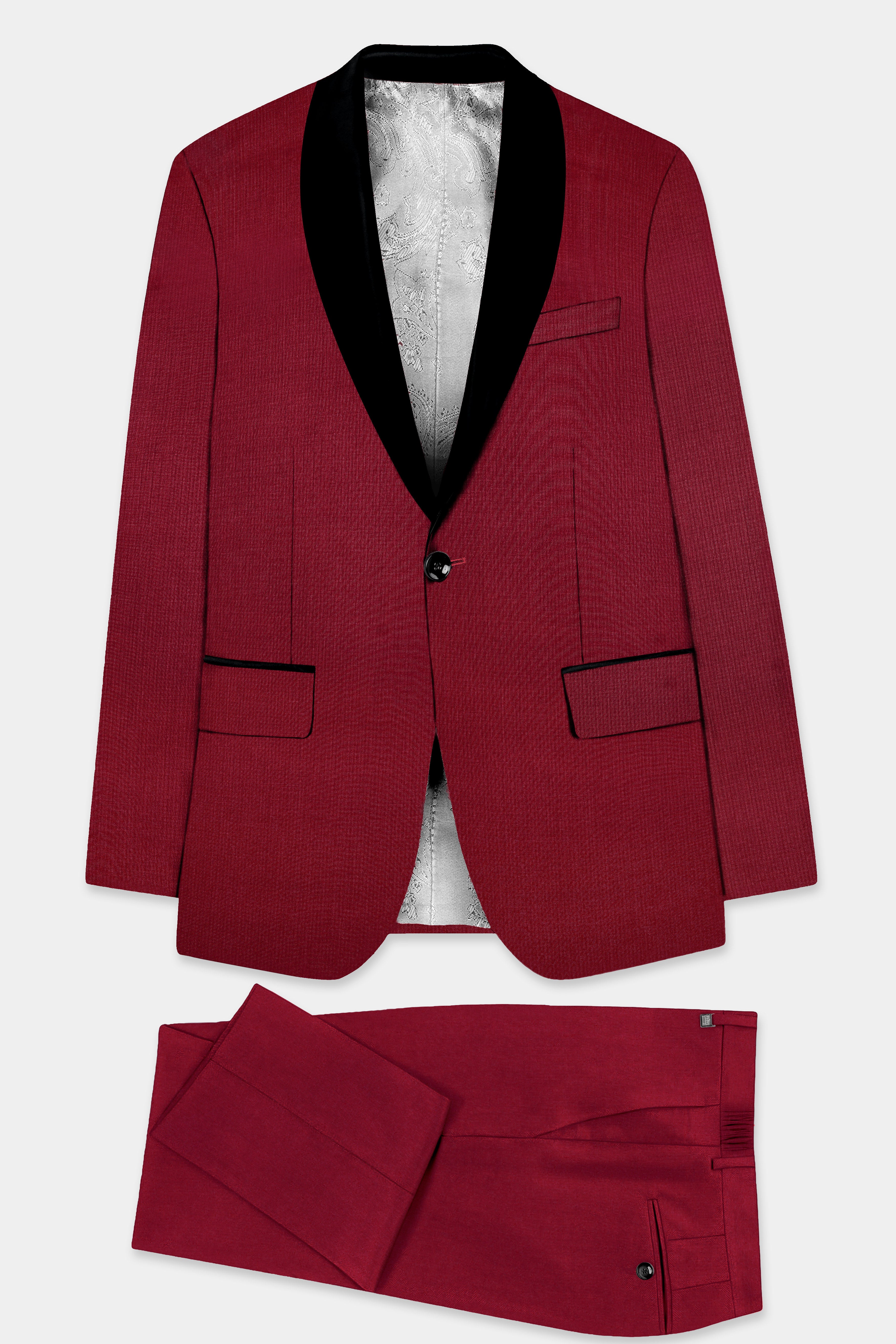 CrimsonAce-Cherry Red Solid Wool Rich Tuxedo Slight Stretch Suit
