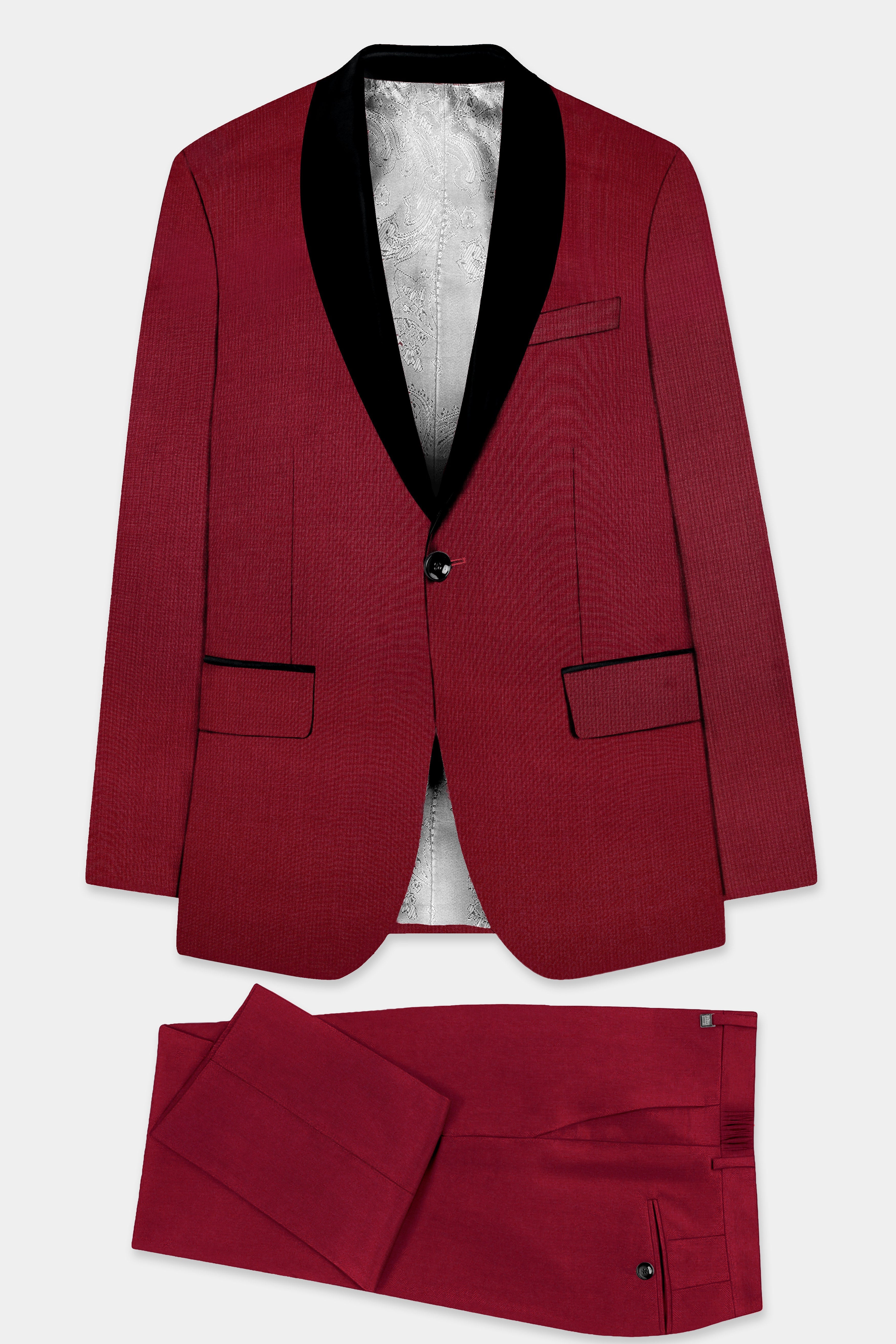 CrimsonAce-Cherry Red Solid Wool Rich Tuxedo Slight Stretch Suit