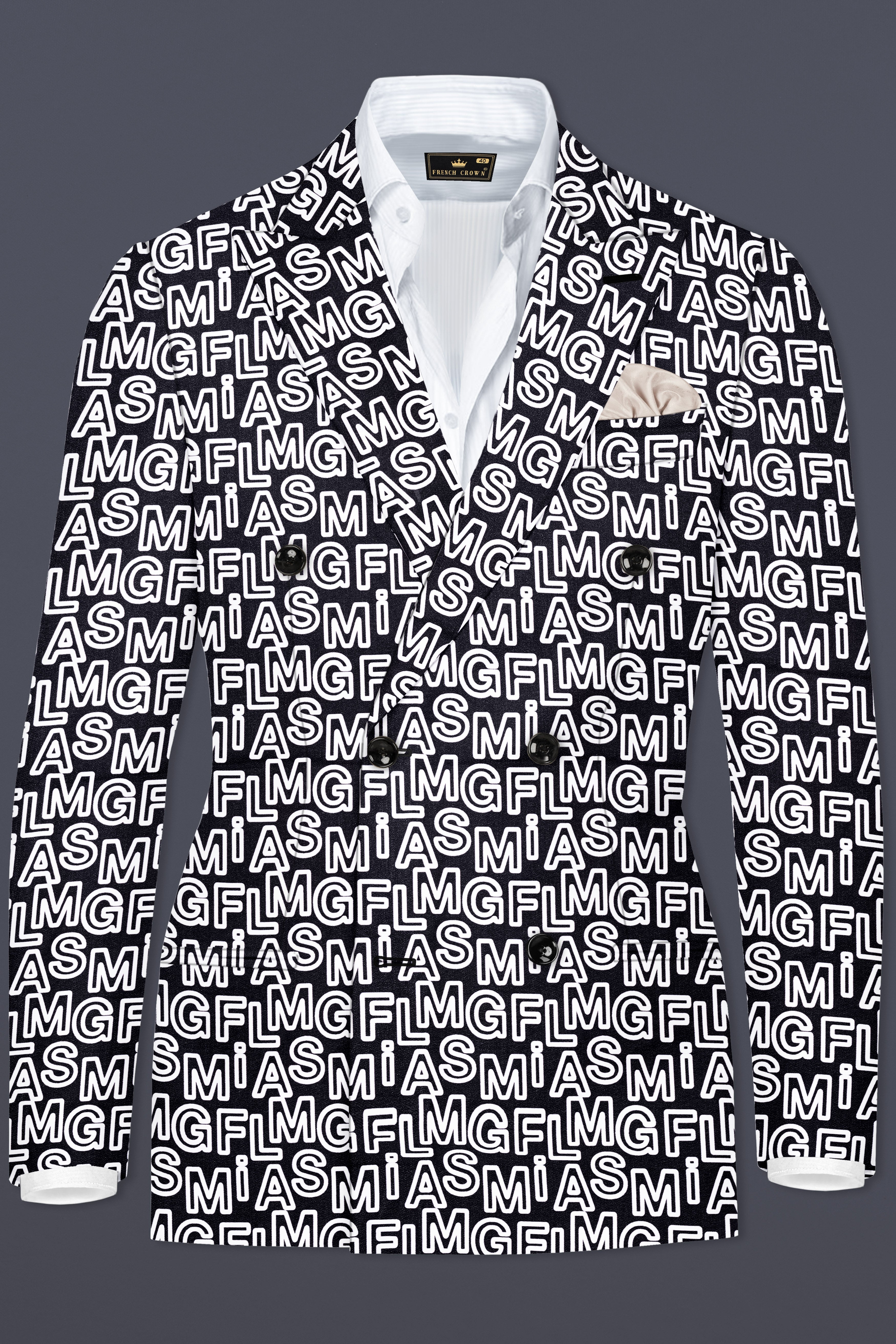 Jaguar Black And Bright White Alphabets Printed Premium Cotton Designer Double Breasted Suit