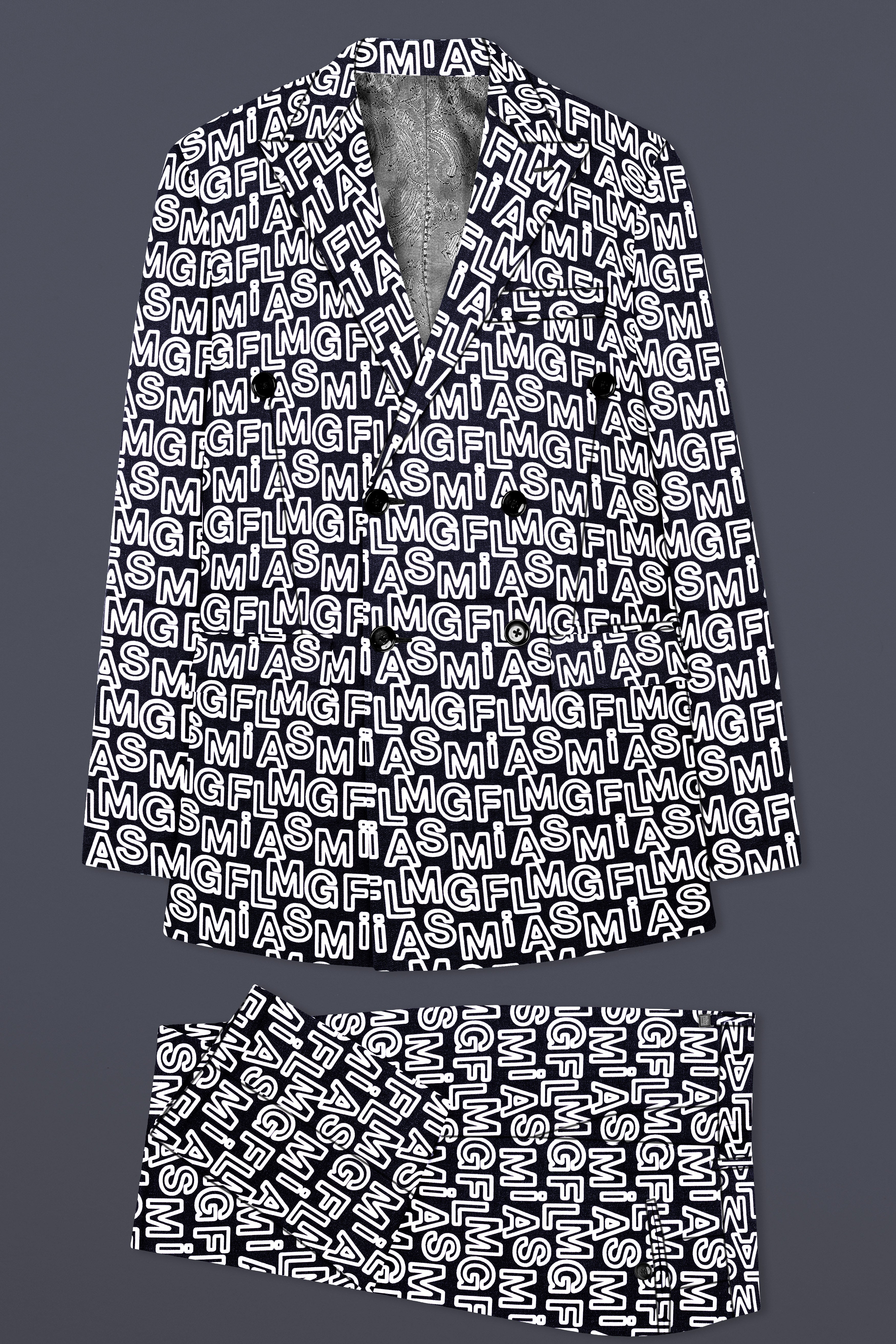 Jaguar Black And Bright White Alphabets Printed Premium Cotton Designer Double Breasted Suit