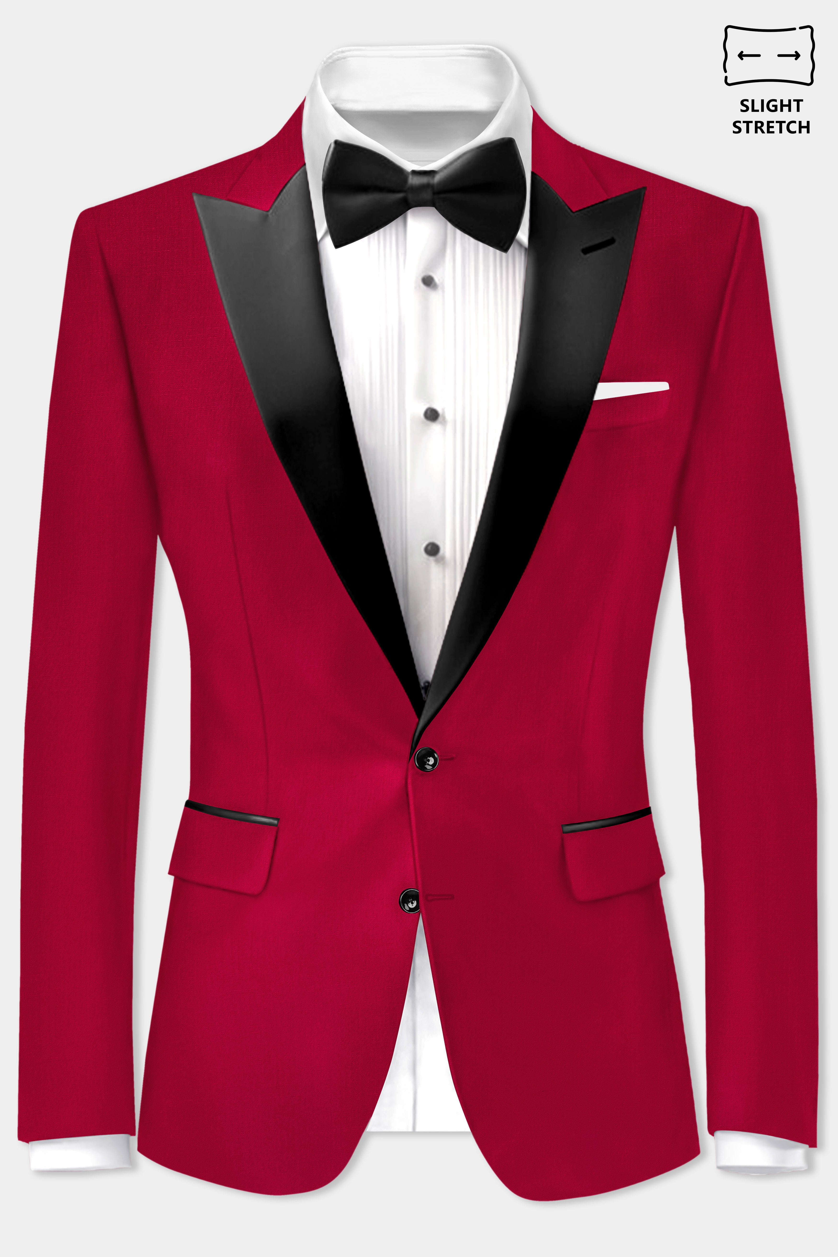 Vermilion-Chili Red Solid Wool Rich Peak Lapel Tuxedo Slight Stretch Suit