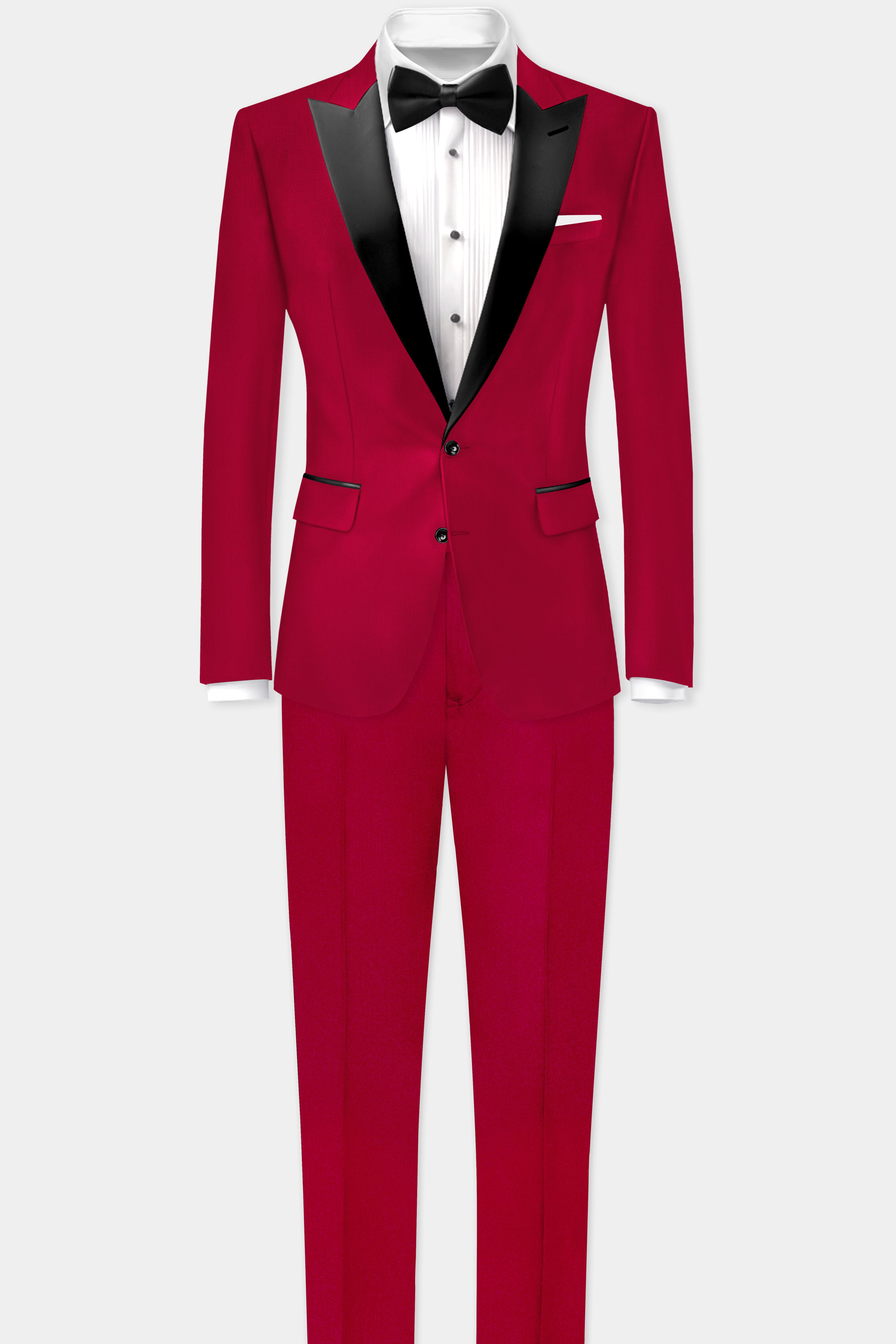 Vermilion-Chili Red Solid Wool Rich Peak Lapel Tuxedo Slight Stretch Suit