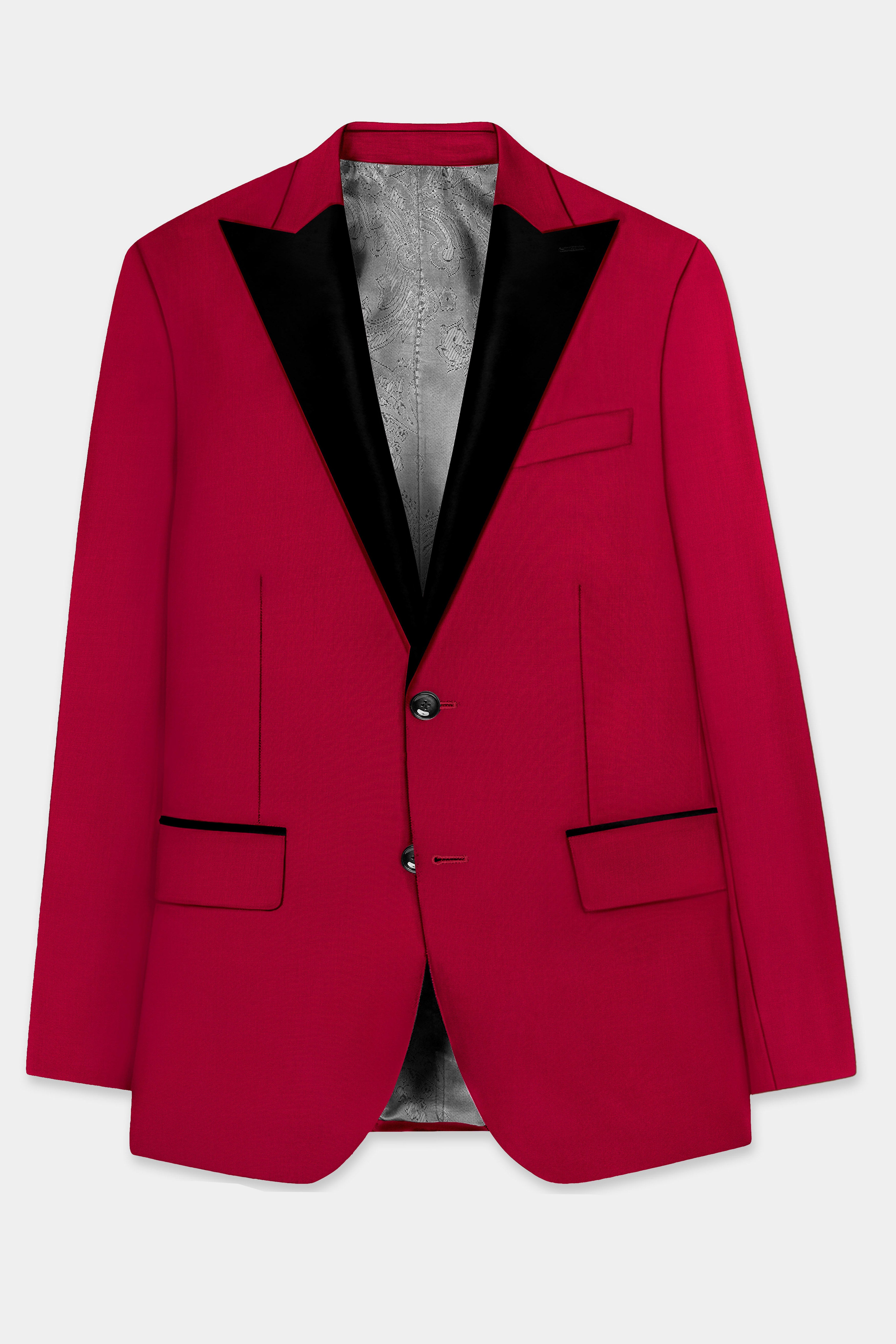 Vermilion-Chili Red Solid Wool Rich Peak Lapel Tuxedo Slight Stretch Suit