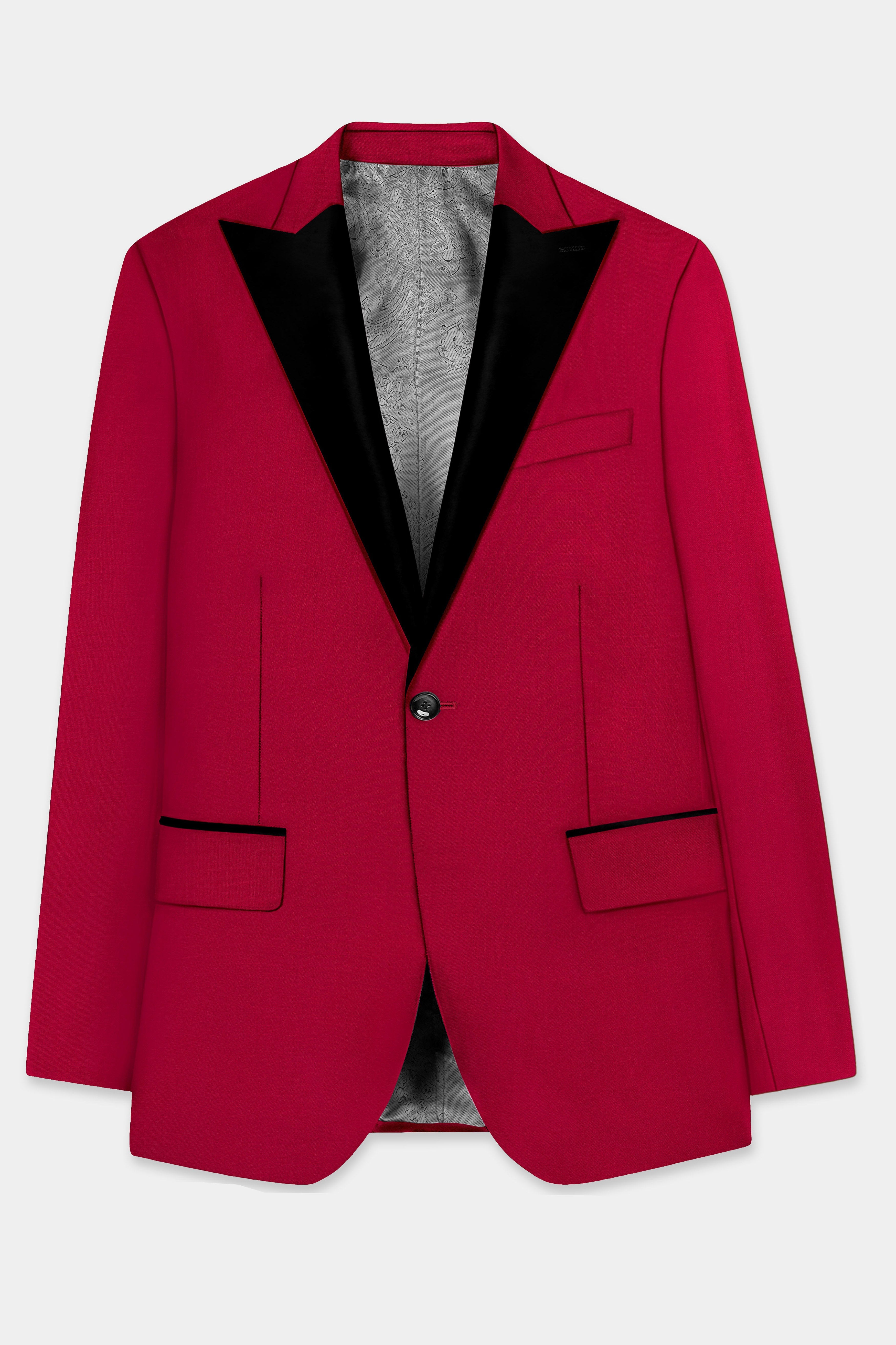 Vermilion-Chili Red Solid Wool Rich Peak Lapel Tuxedo Slight Stretch Suit