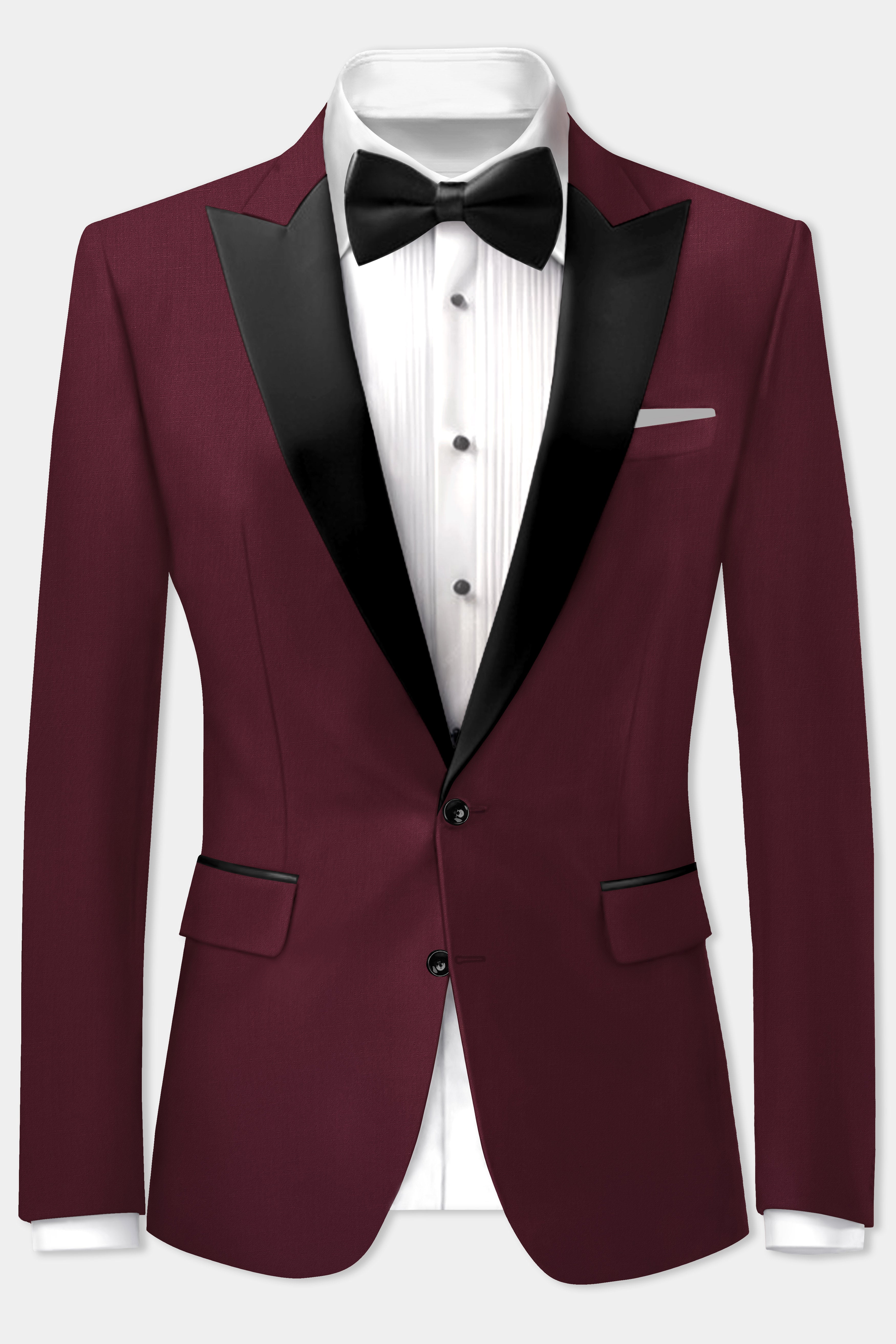 Merlot-Wine Berry Solid Wool Rich Peak Lapel Tuxedo Suit