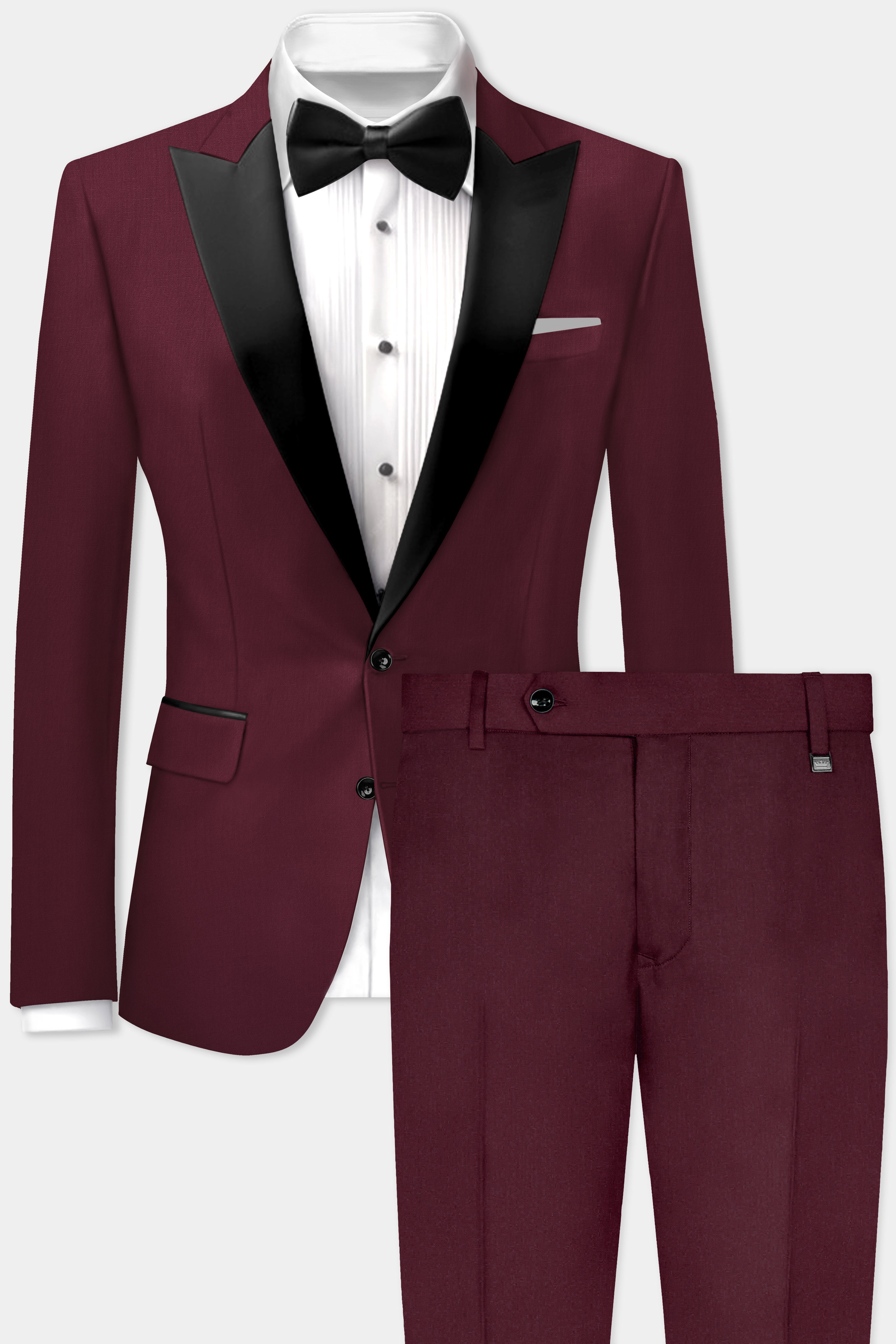 Merlot-Wine Berry Solid Wool Rich Peak Lapel Tuxedo Suit