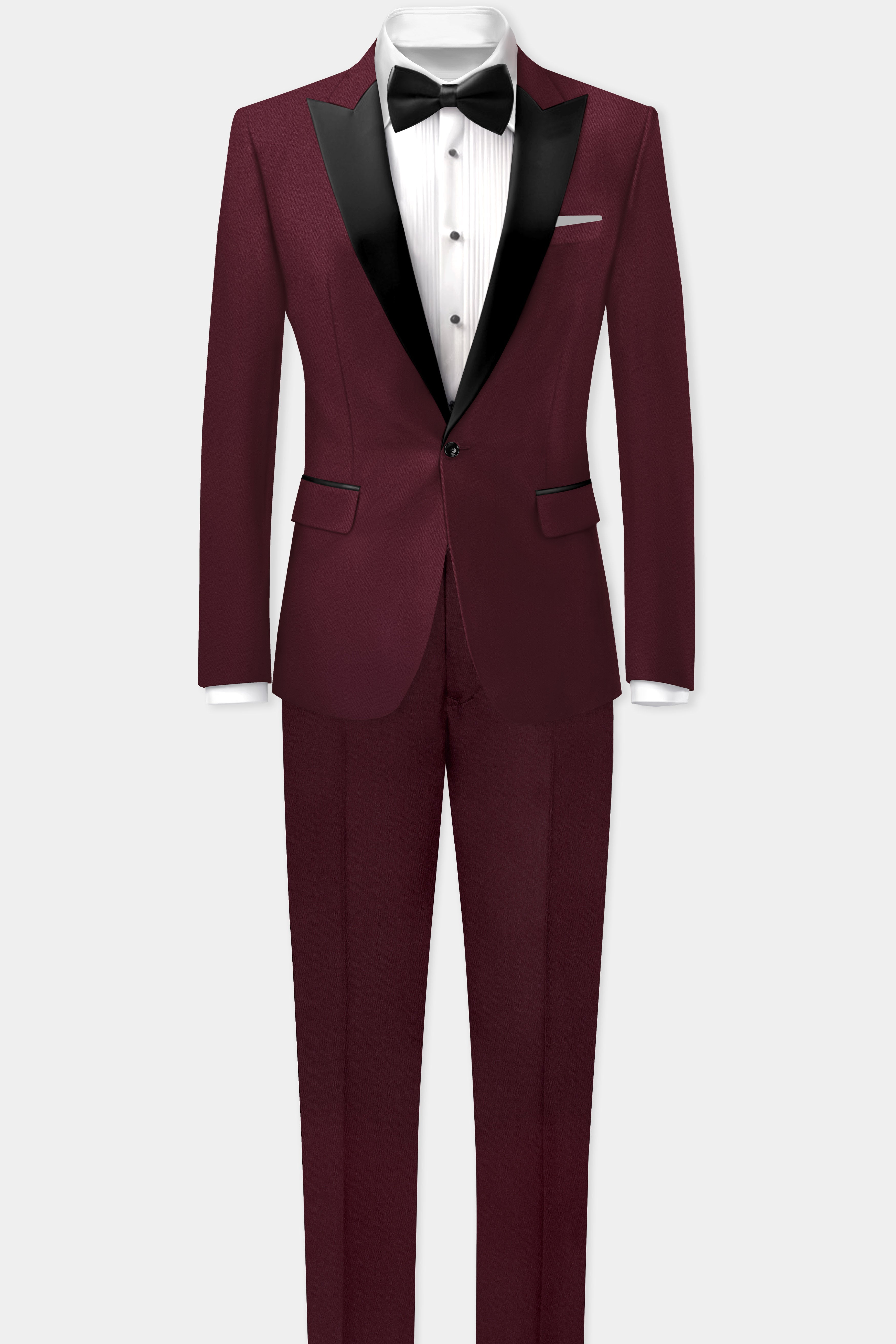Merlot-Wine Berry Solid Wool Rich Peak Lapel Tuxedo Slight Stretch Suit