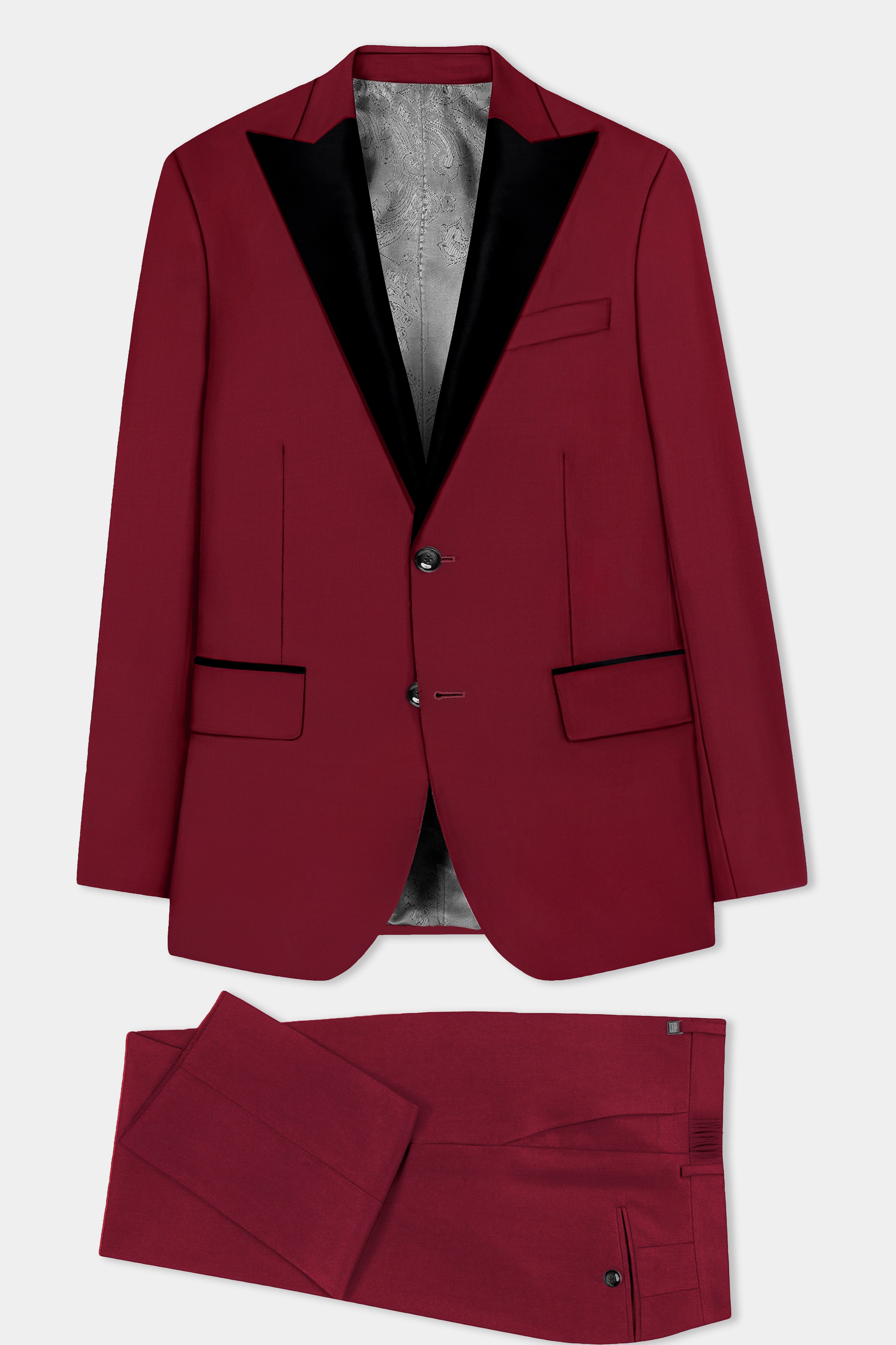 CrimsonAce-Cherry Red Solid Wool Rich Peak Lapel Tuxedo Suit