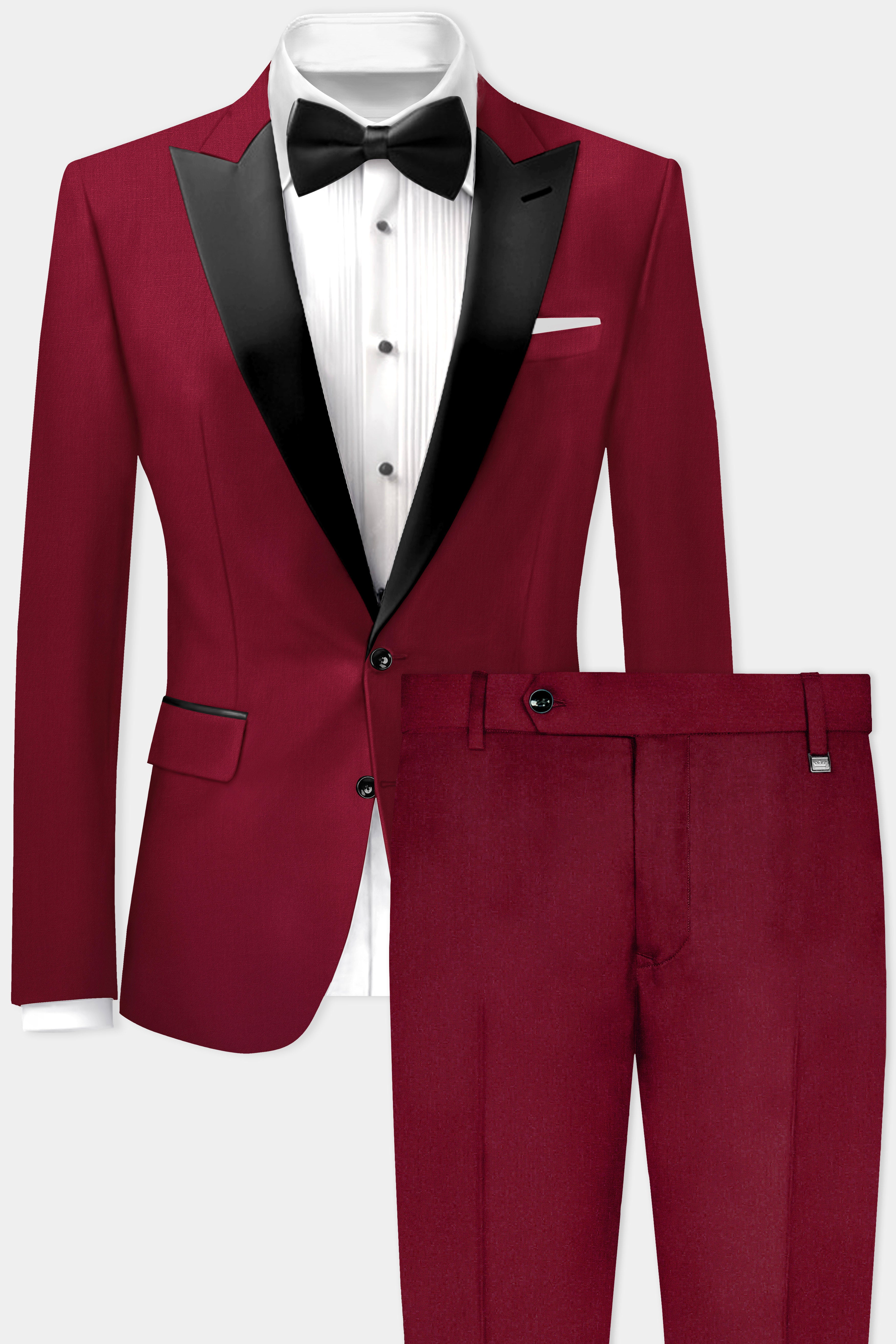 CrimsonAce-Cherry Red Solid Wool Rich Peak Lapel Tuxedo Suit