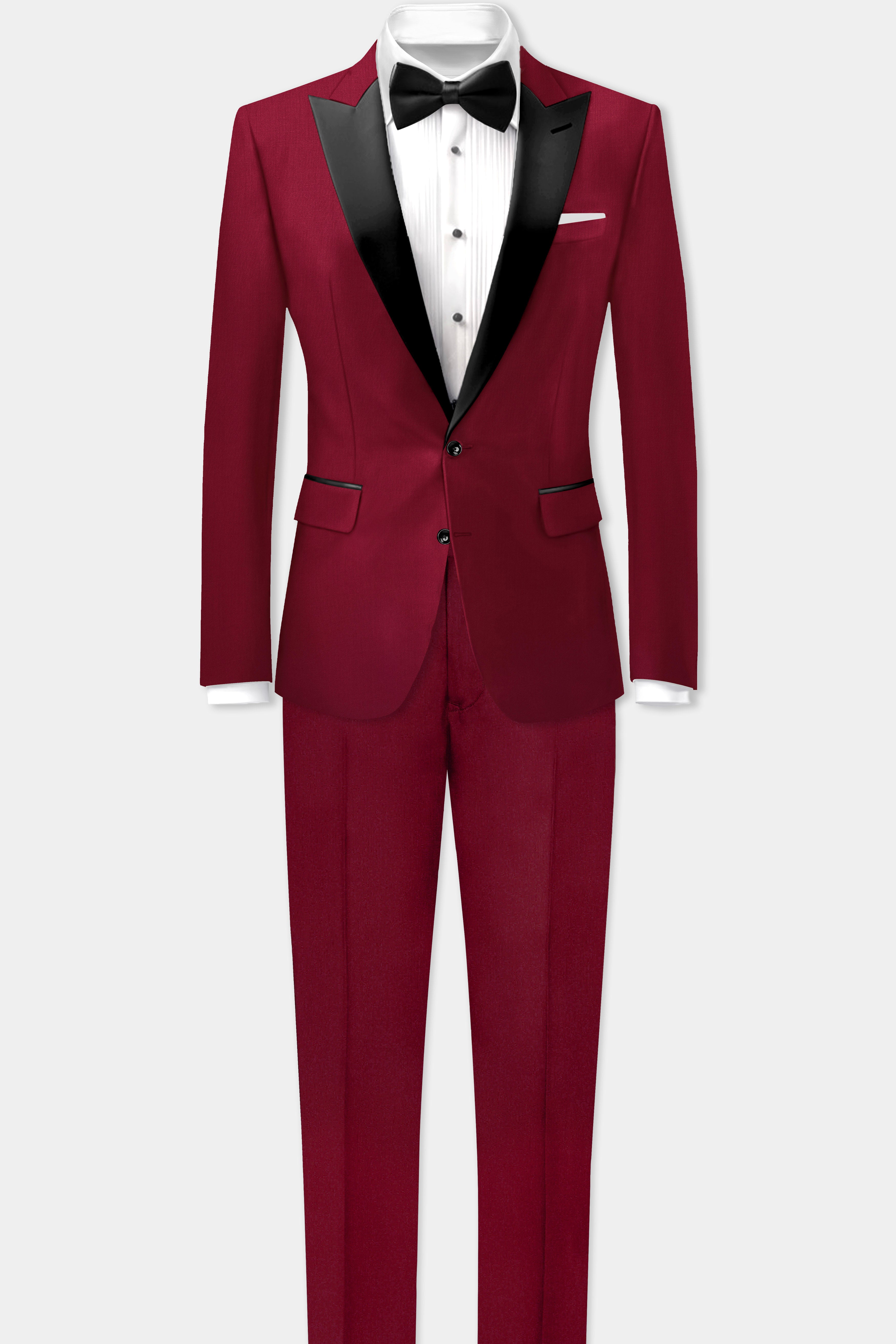 CrimsonAce-Cherry Red Solid Wool Rich Peak Lapel Tuxedo Suit