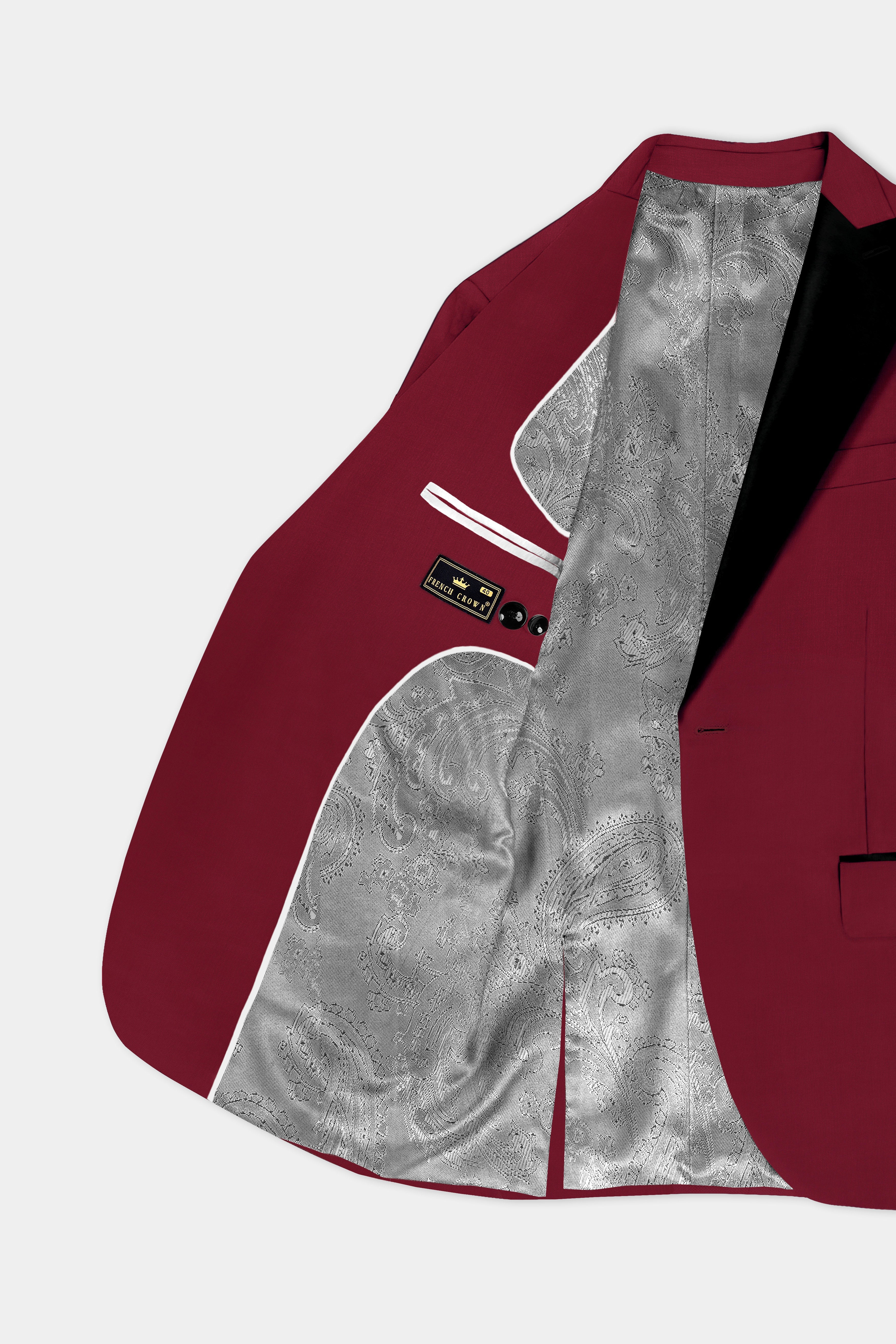CrimsonAce-Cherry Red Solid Wool Rich Peak Lapel Tuxedo Slight Stretch Suit