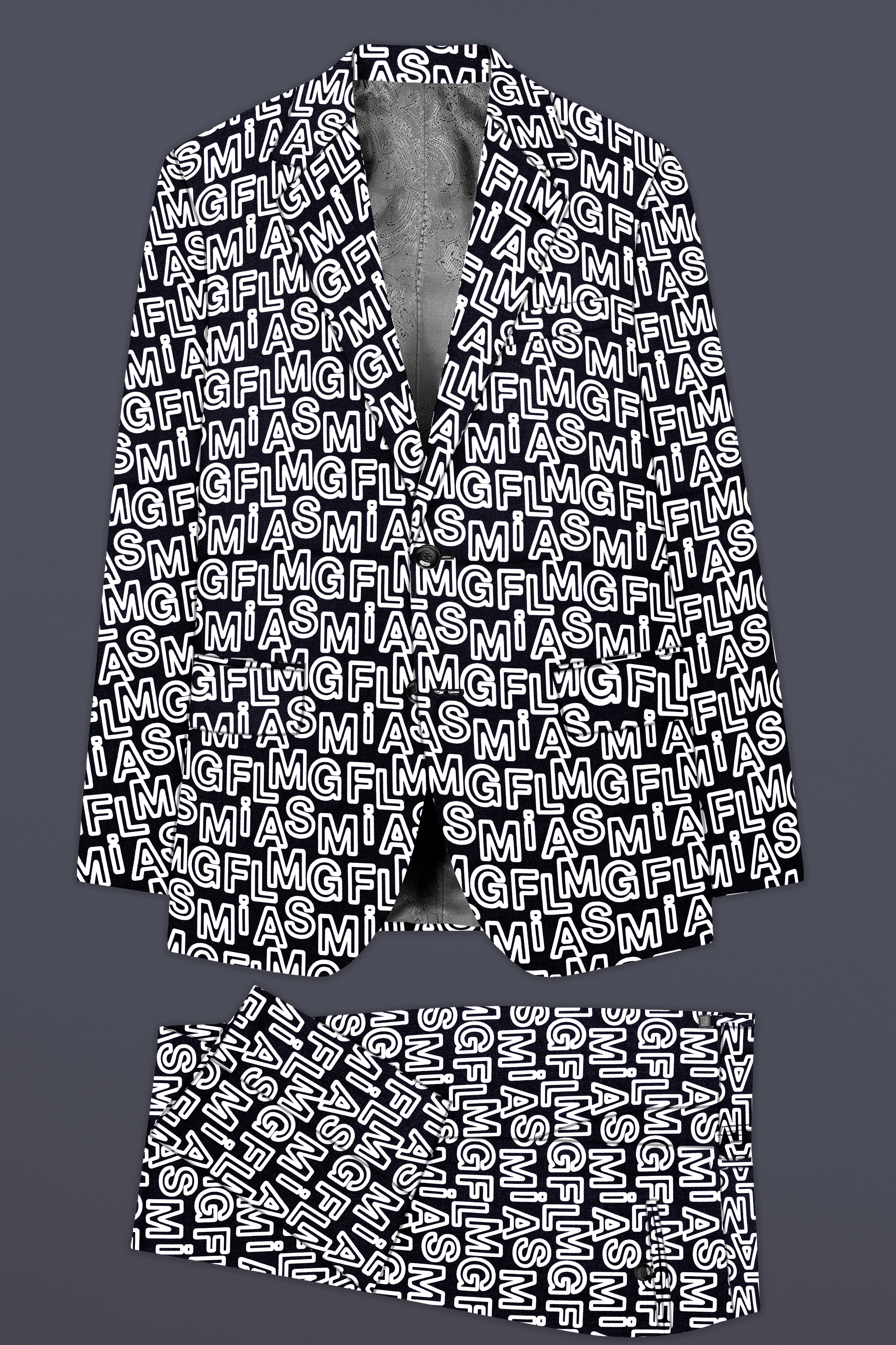 Jaguar Black And Bright White Alphabets Printed Premium Cotton Designer Single Breasted Suit