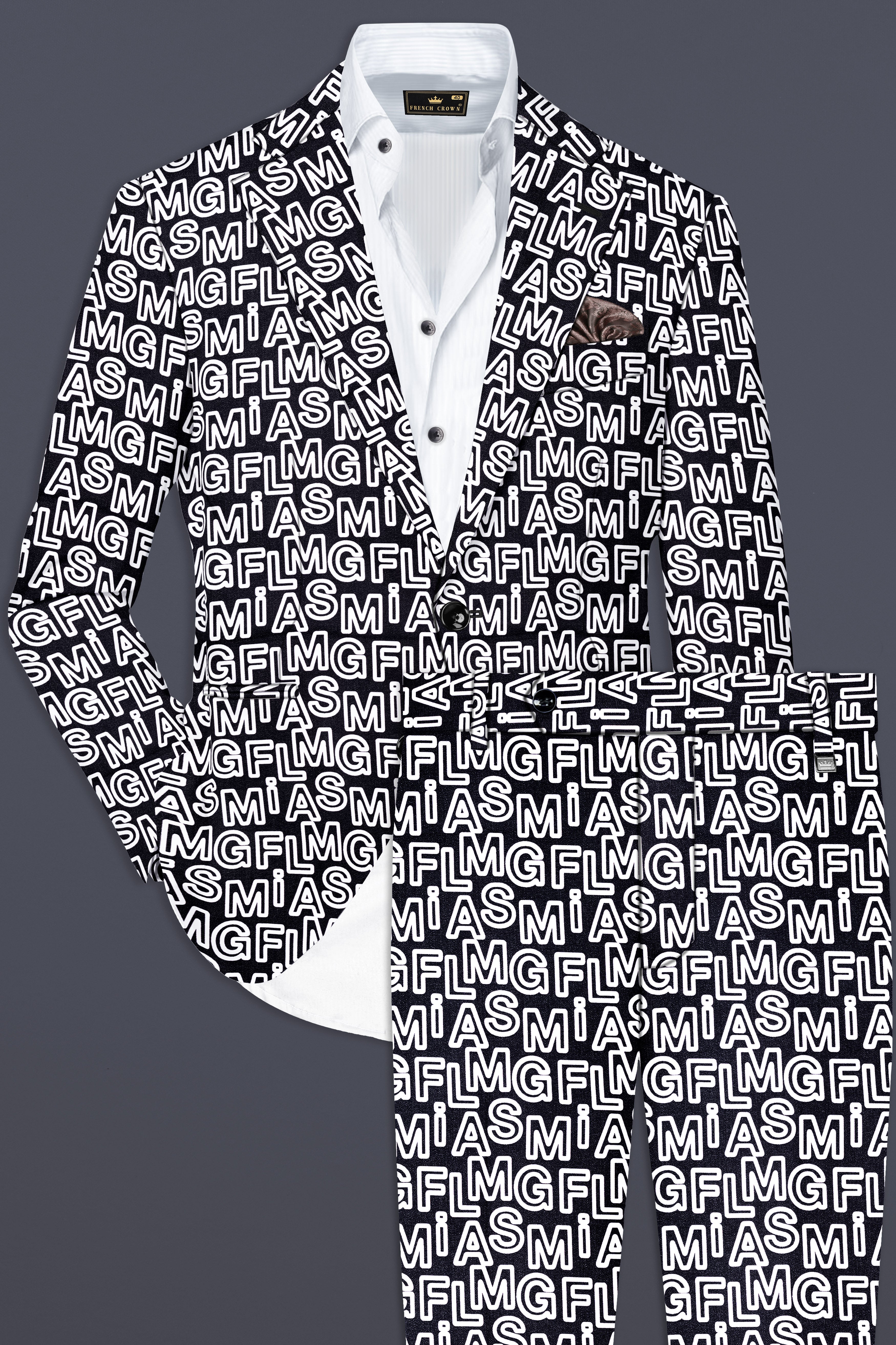 Jaguar Black And Bright White Alphabets Printed Premium Cotton Designer Single Breasted Suit