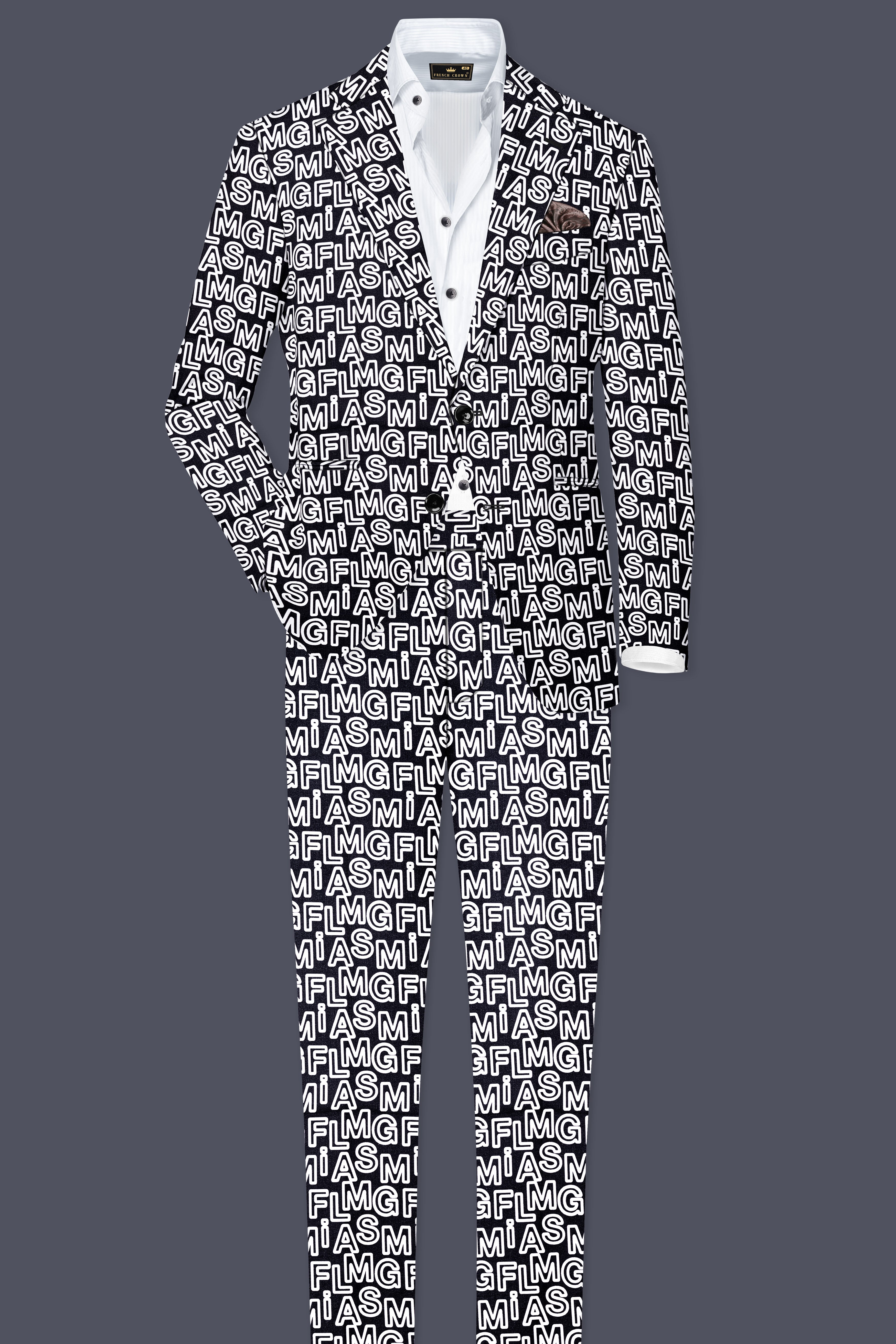 Jaguar Black And Bright White Alphabets Printed Premium Cotton Designer Single Breasted Suit