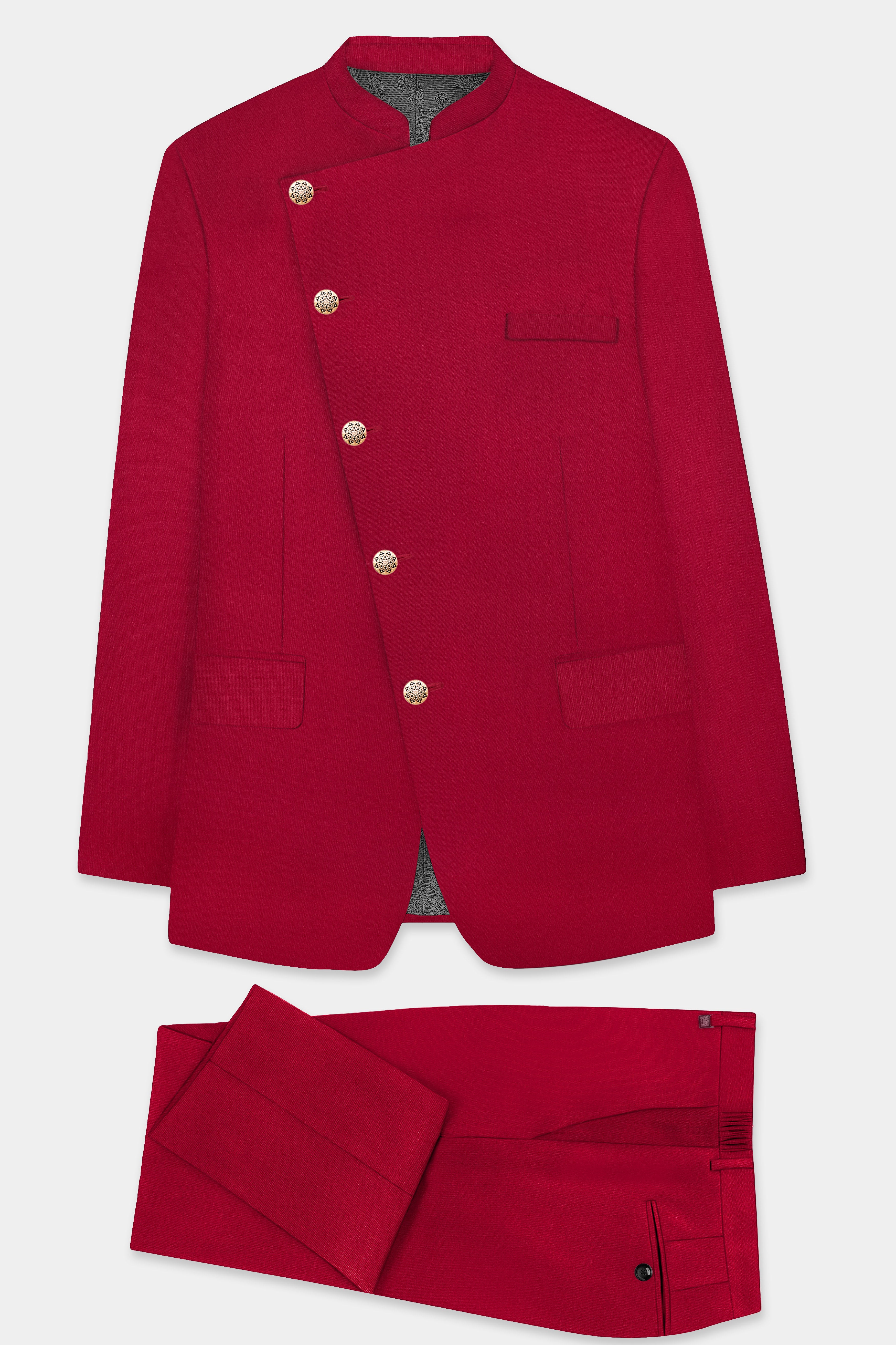 Vermilion-Chili Red Solid Wool Rich Cross Placket Bandhgala Slight Stretch Suit