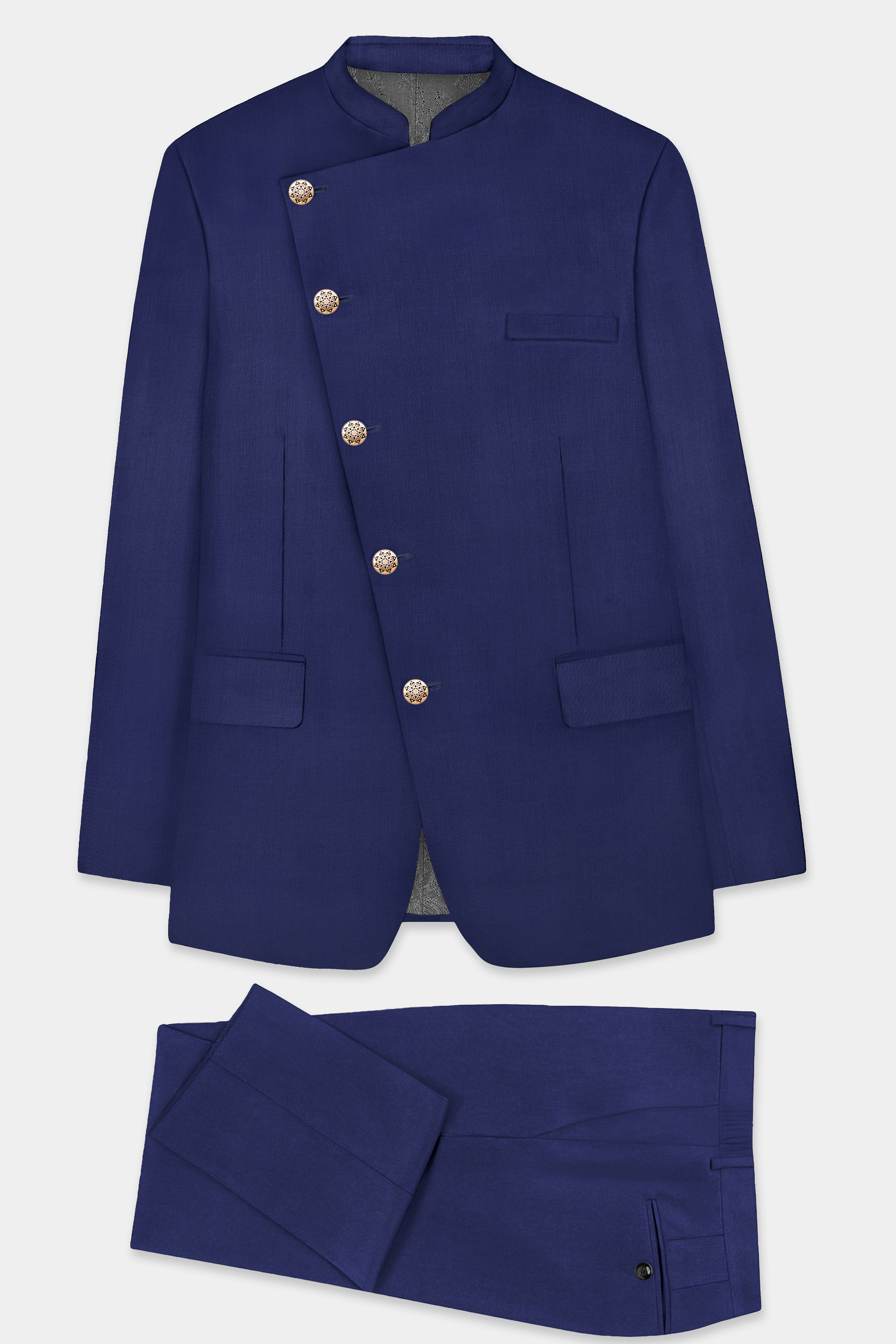 Celestia- Blue Solid Wool Rich Cross Placket Bandhgala Slight Stretch Suit