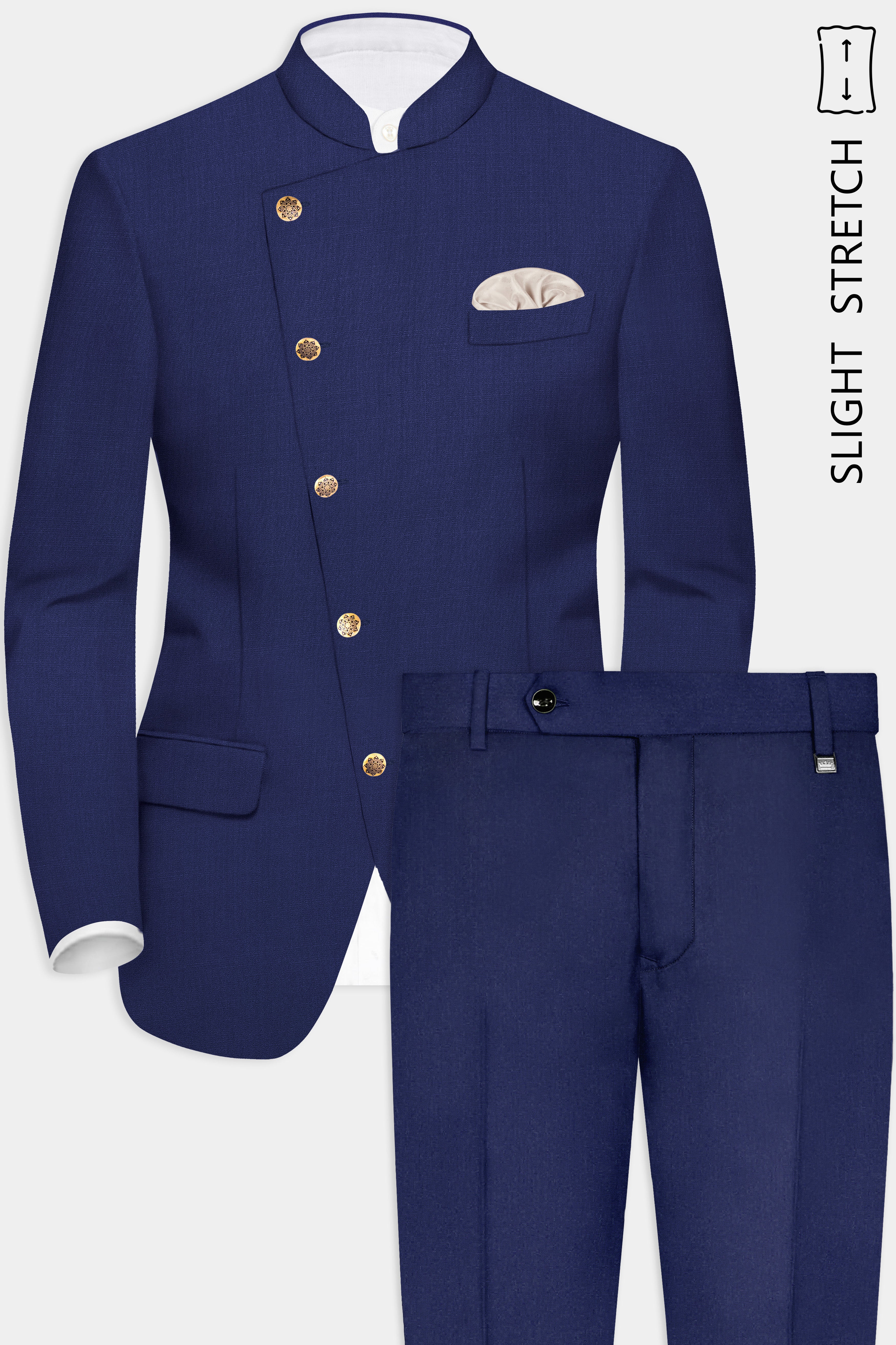Celestia- Blue Solid Wool Rich Cross Placket Bandhgala Slight Stretch Suit