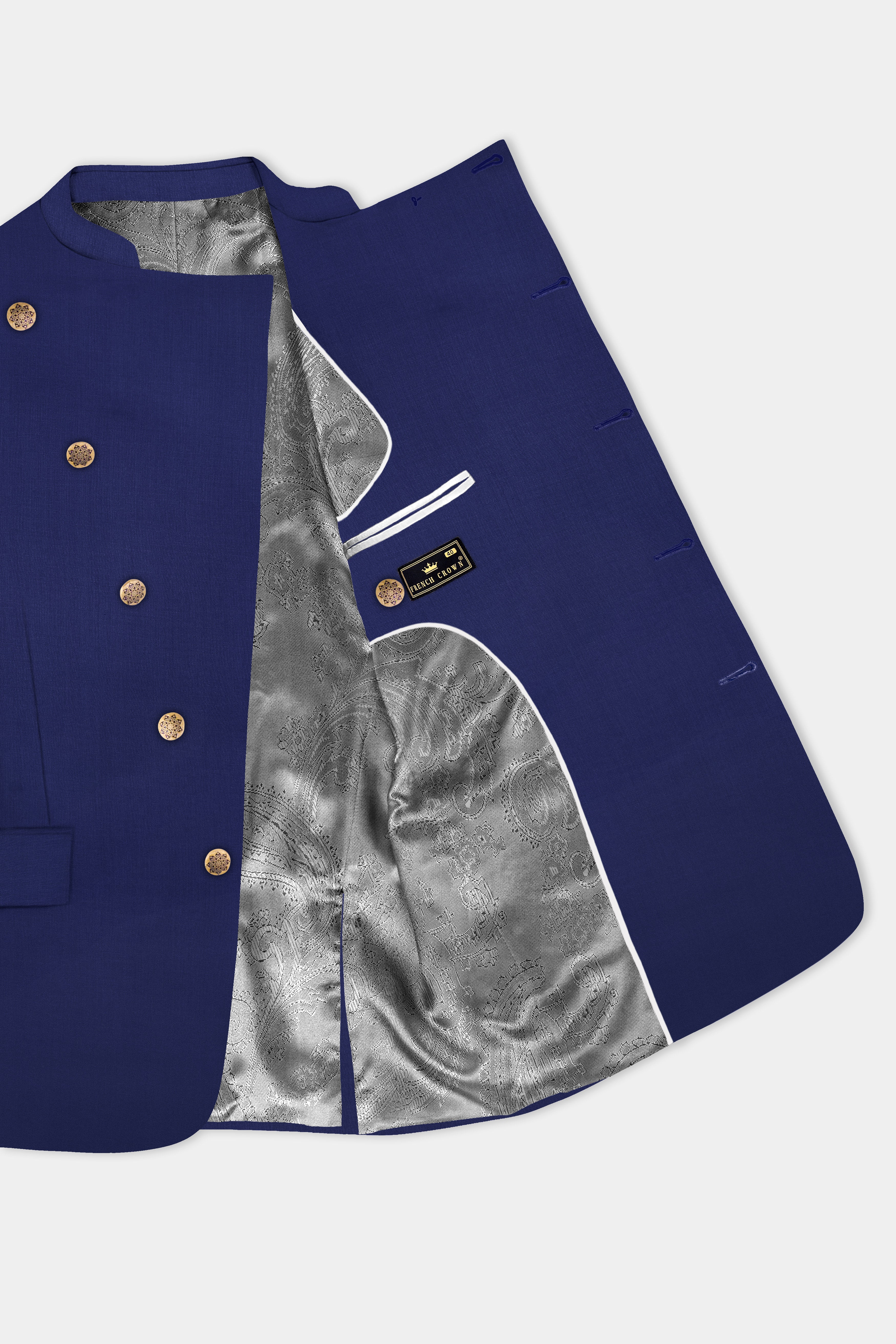 Celestia- Blue Solid Wool Rich Cross Placket Bandhgala Slight Stretch Suit