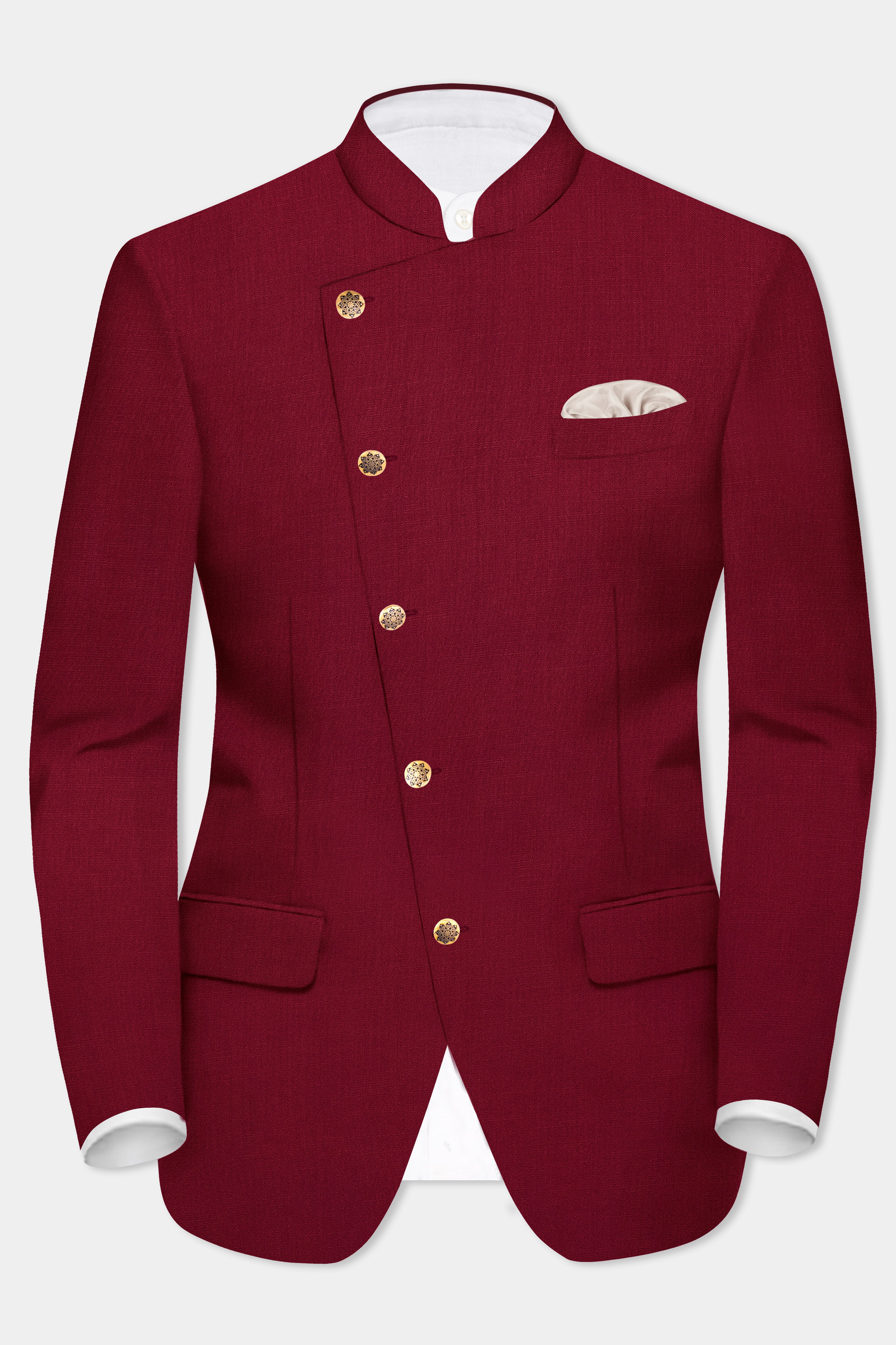 CrimsonAce-Cherry Red Solid Wool Rich Cross Placket Bandhgala Suit