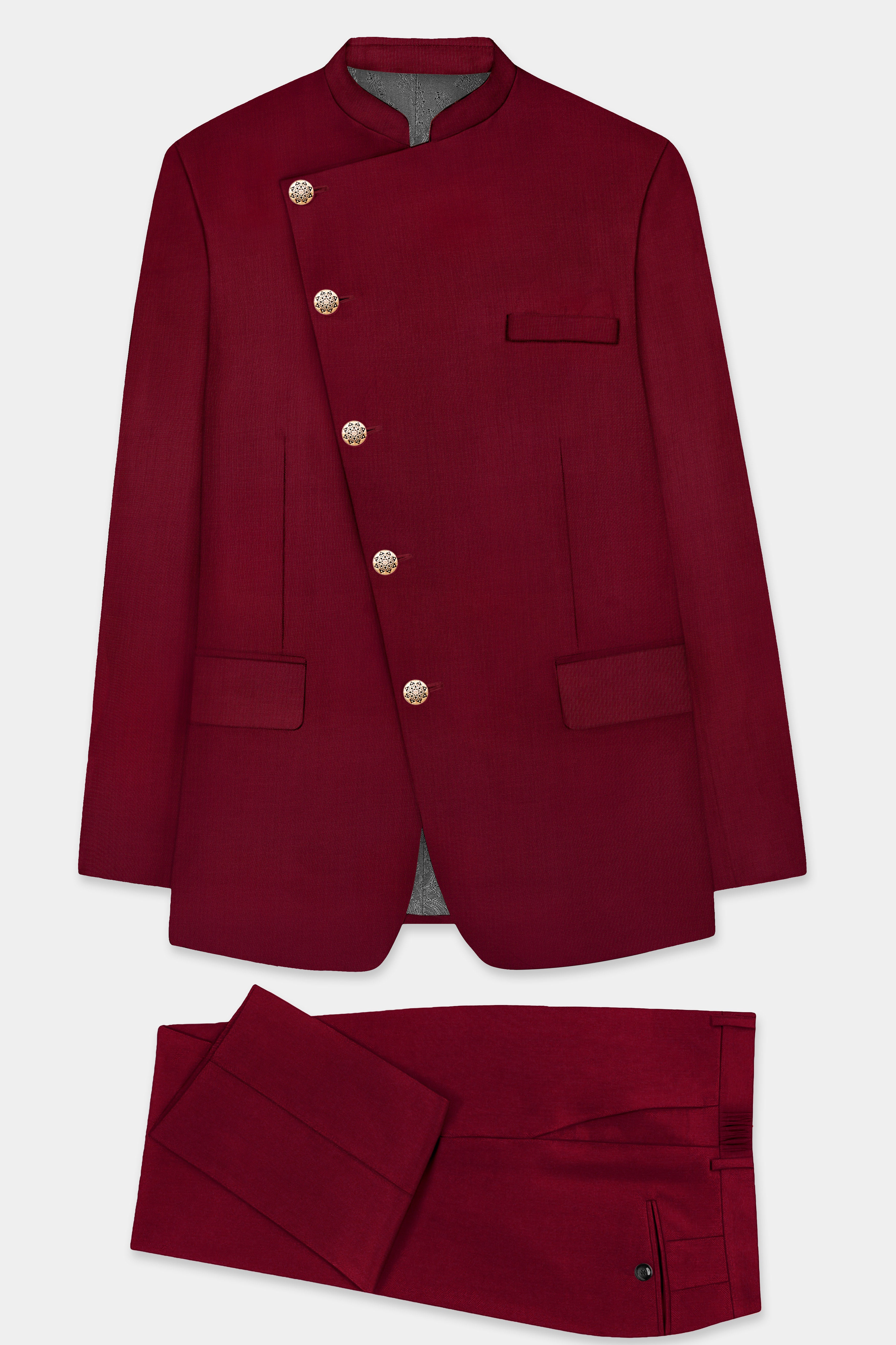 CrimsonAce-Cherry Red Solid Wool Rich Cross Placket Bandhgala Suit