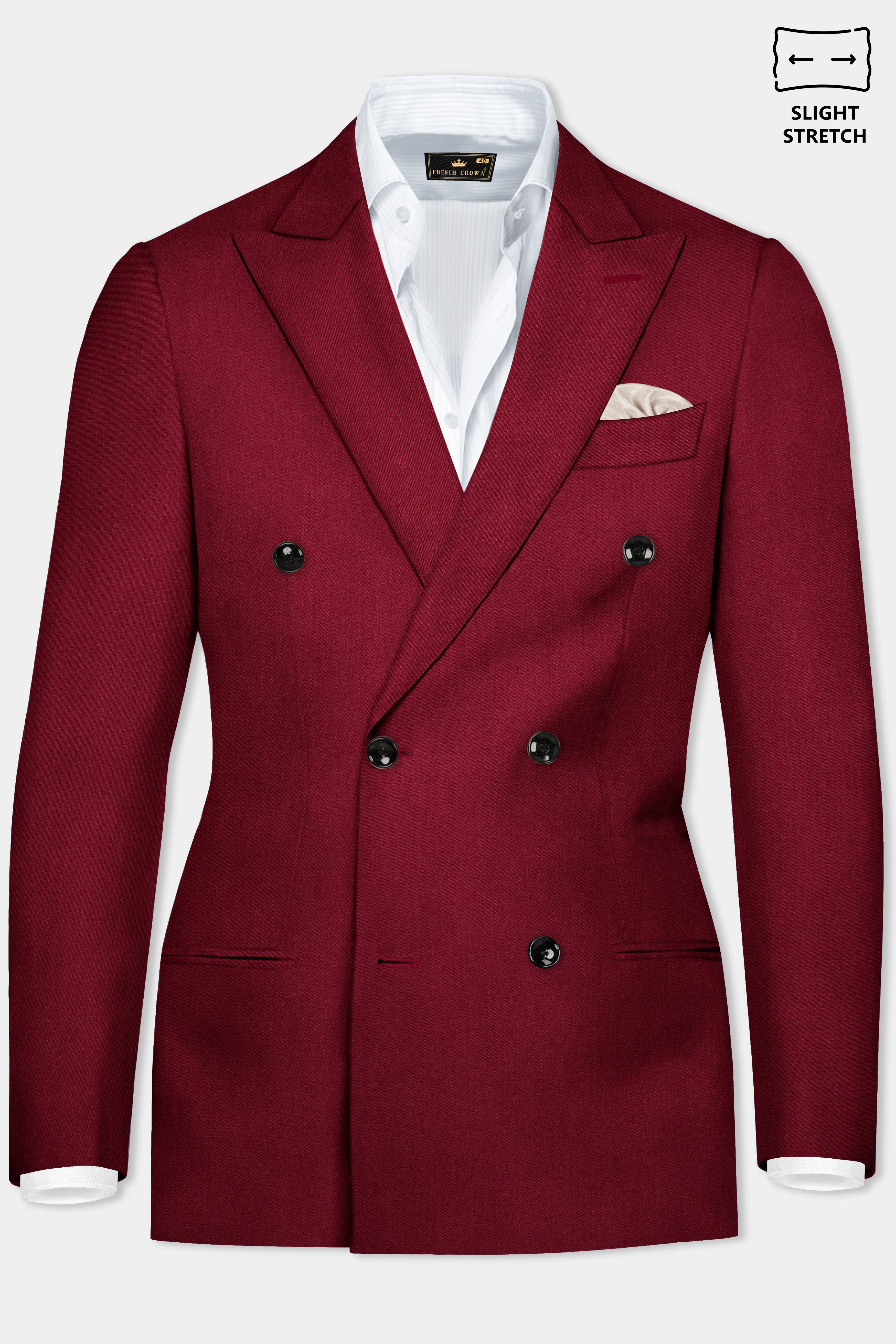 CrimsonAce-Cherry Red Solid Wool Rich Double Breasted Slight Stretch Suit