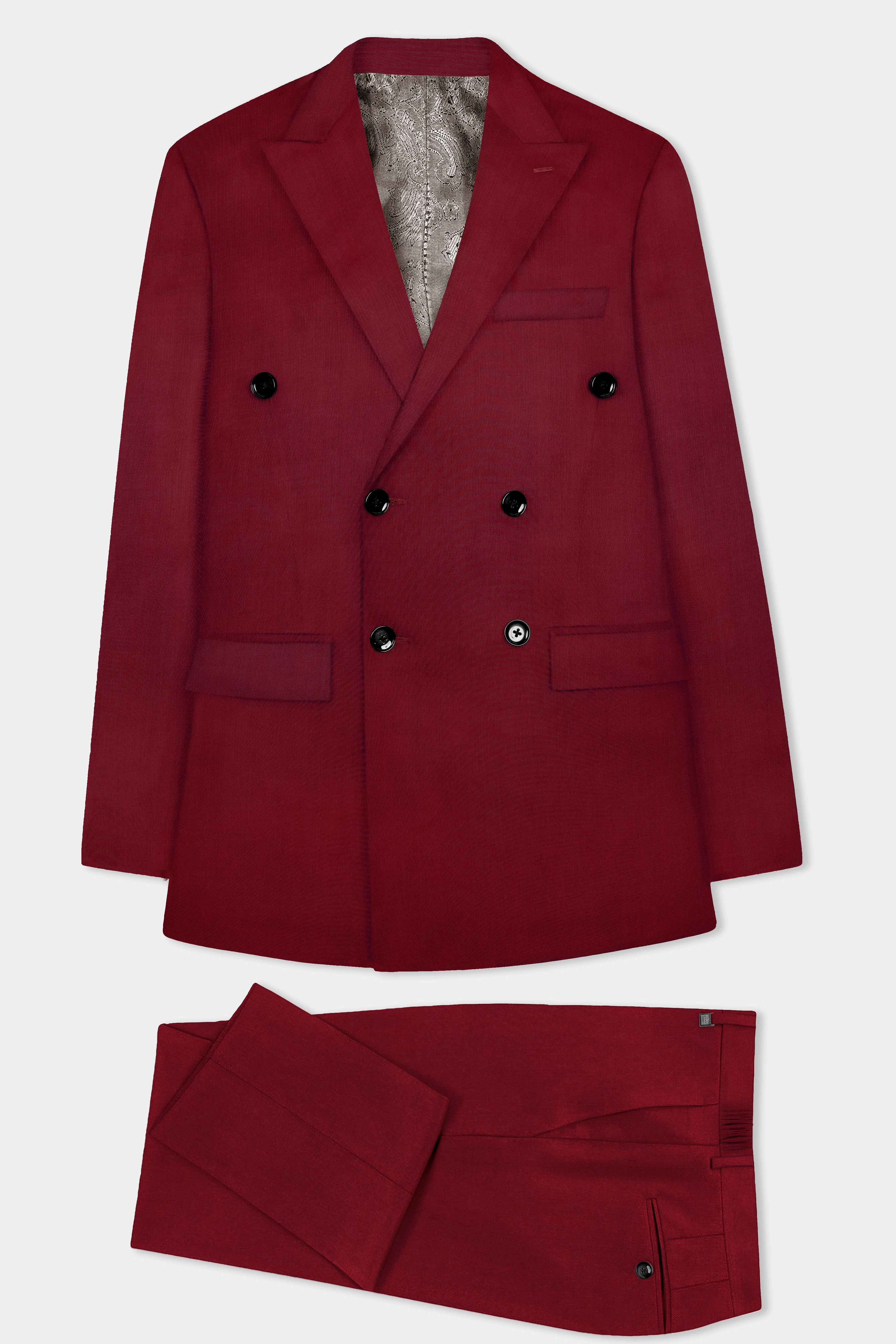 CrimsonAce-Cherry Red Solid Wool Rich Double Breasted Slight Stretch Suit