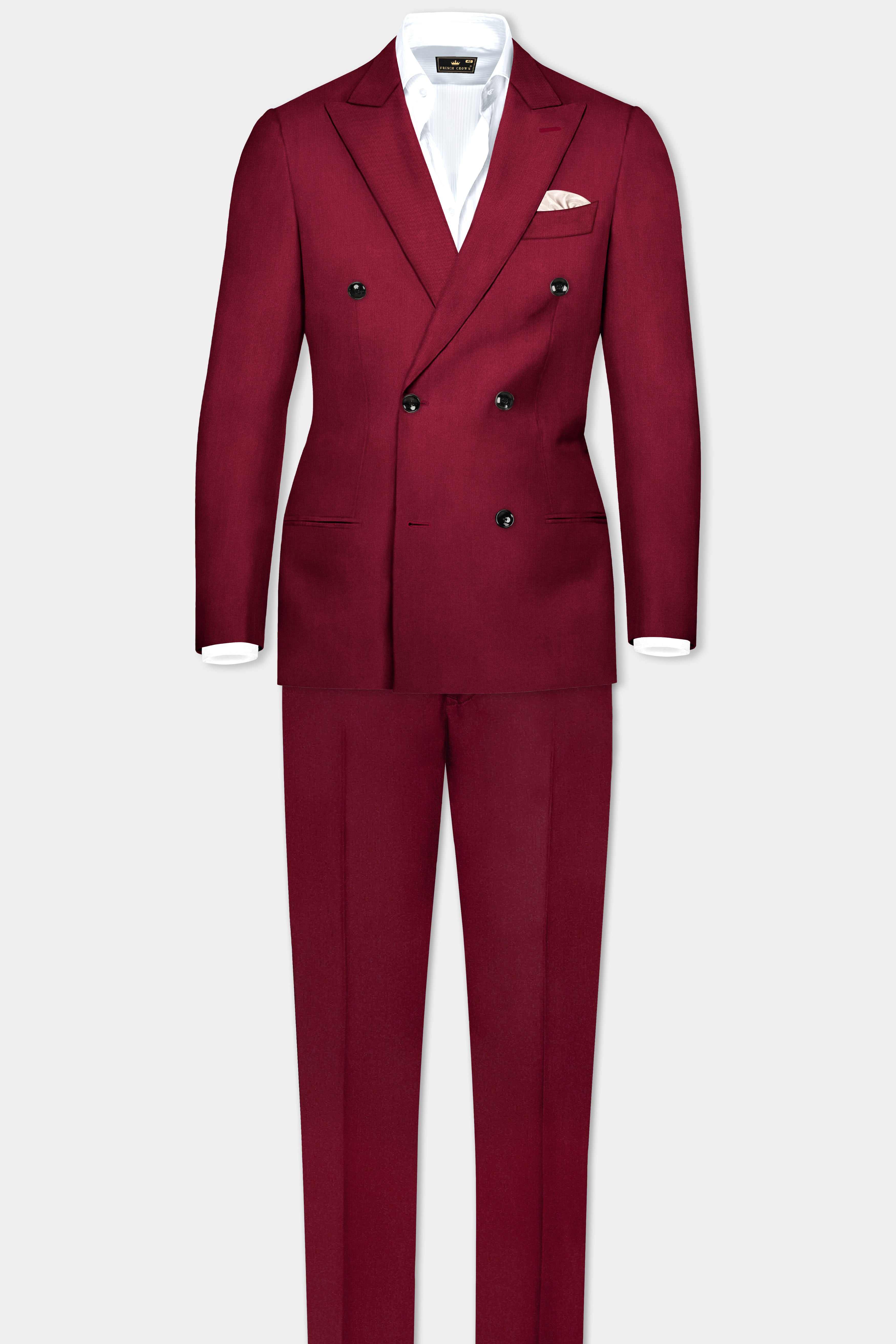 CrimsonAce-Cherry Red Solid Wool Rich Double Breasted Slight Stretch Suit