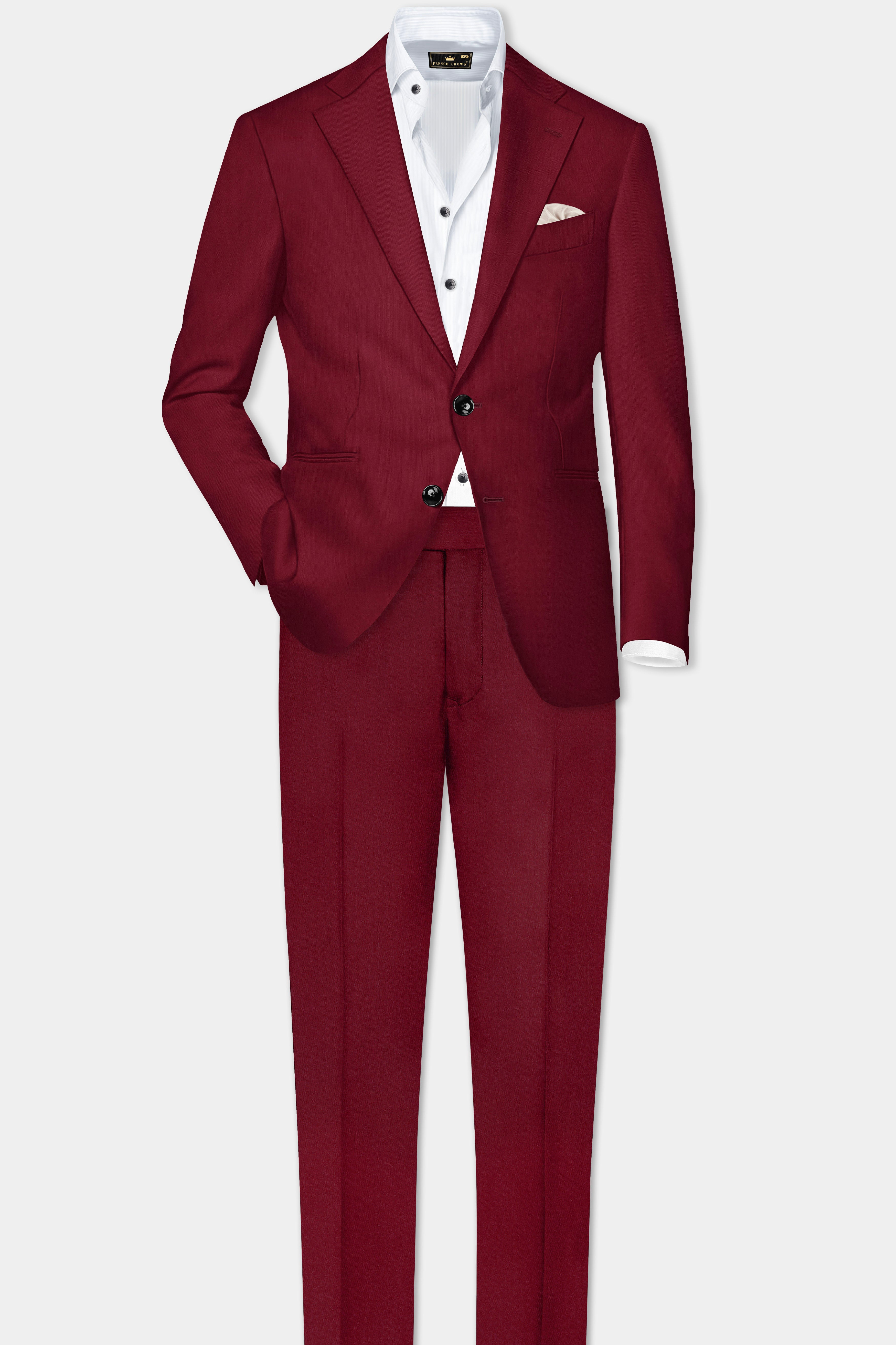 CrimsonAce-Cherry Red Solid Wool Rich Single Breasted Suit